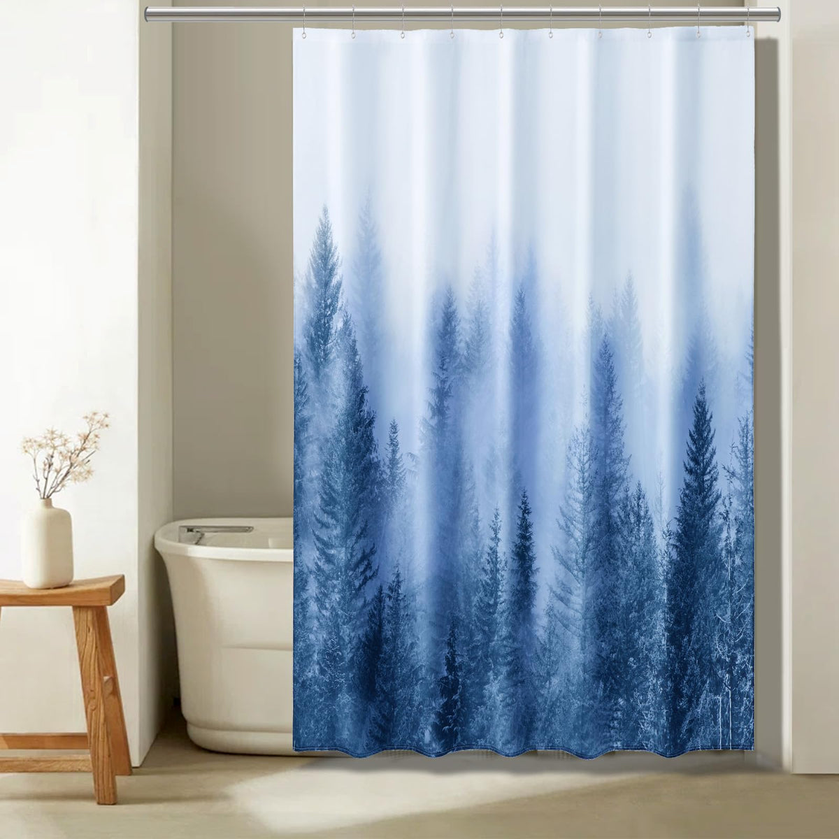 ORTIGIA Black and White Misty Forest Shower Curtain for Bathroom, Nature Woodland Curtain Set with Hooks, Decorative Pine Tree Fog Magic Bath Decor for Home Weighted, 72x72