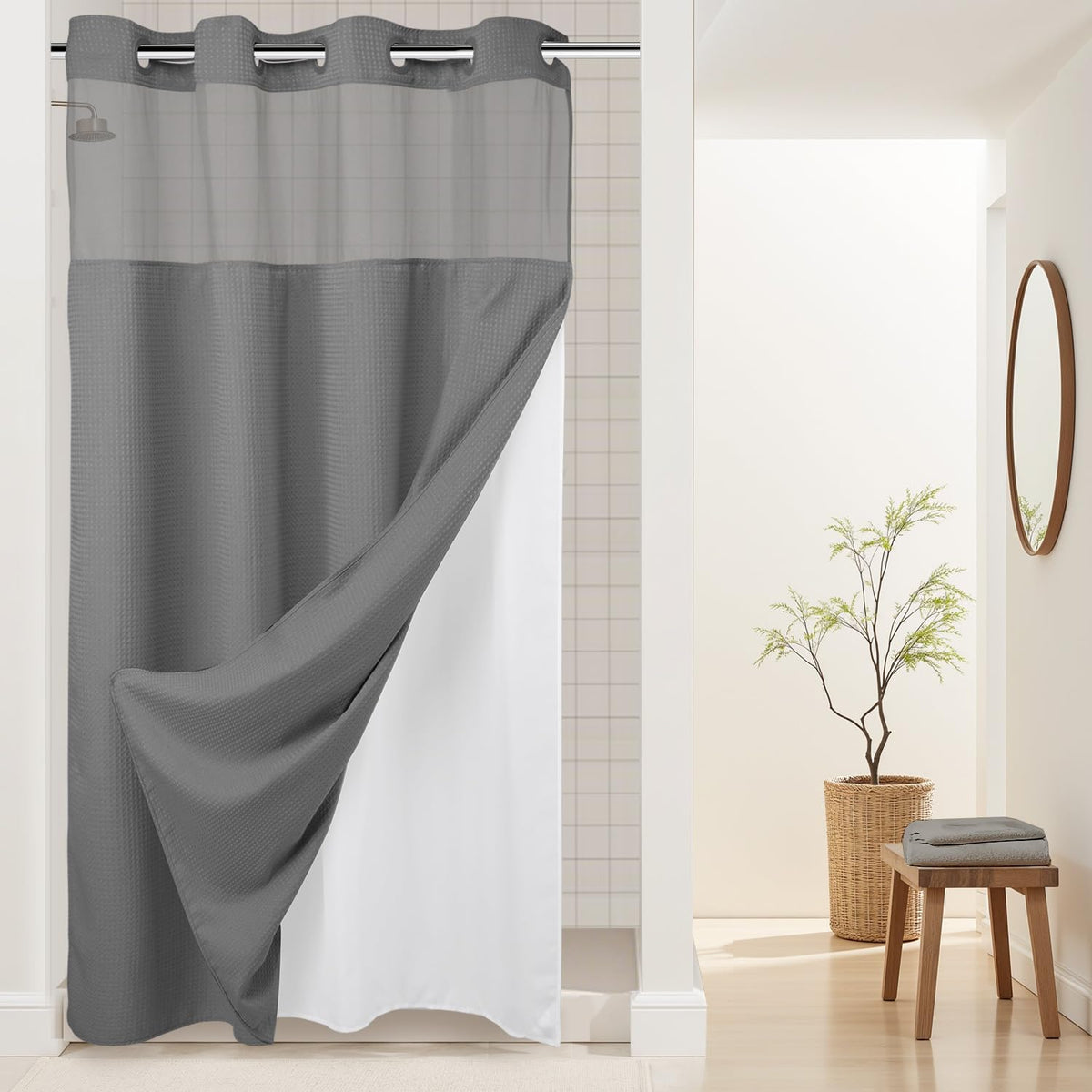 RiverDream Heavyweight Waffle No Hook Shower Curtain with Liner,White,71x74