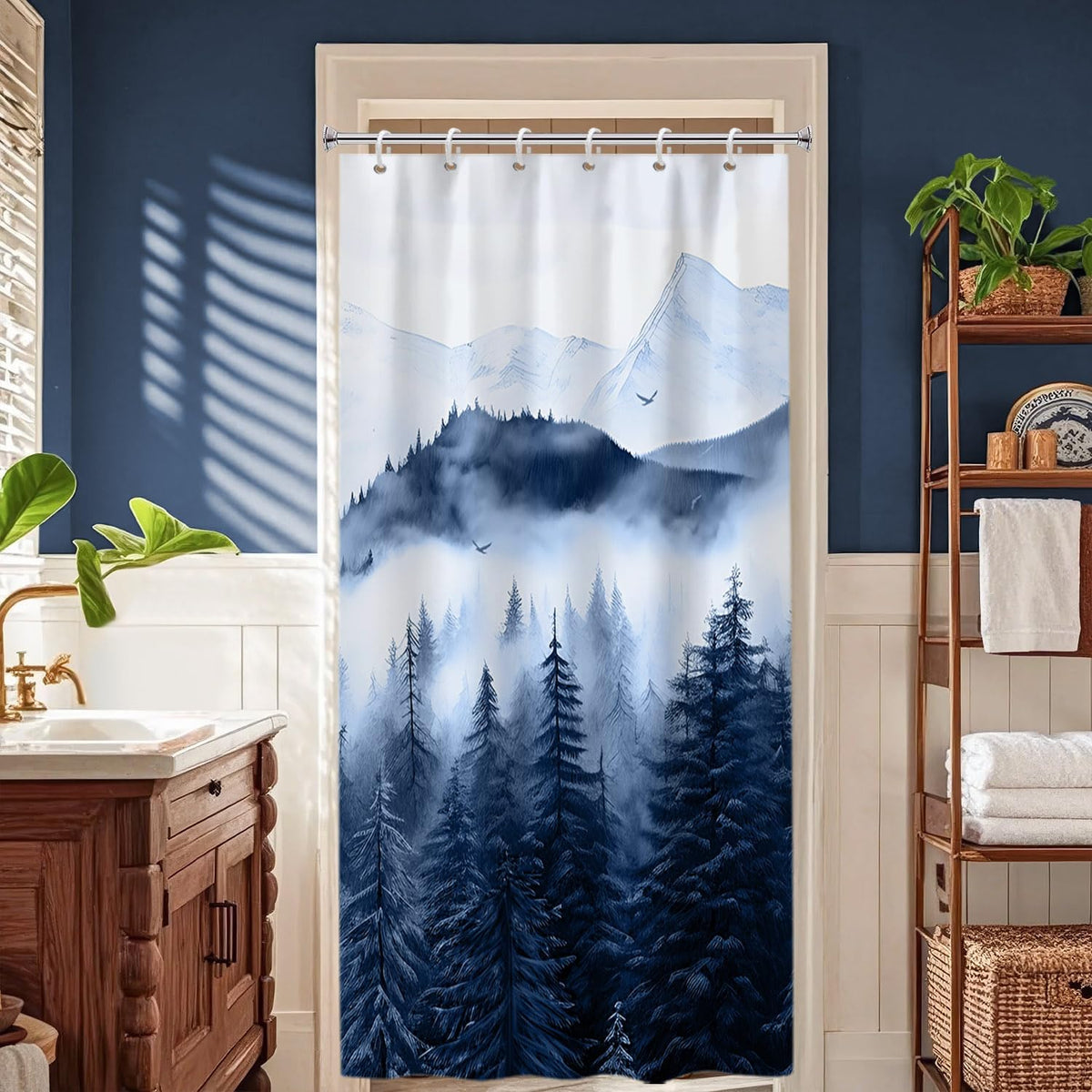 Navy Blue Forest Shower Curtain for Bathroom 72x72 Inch