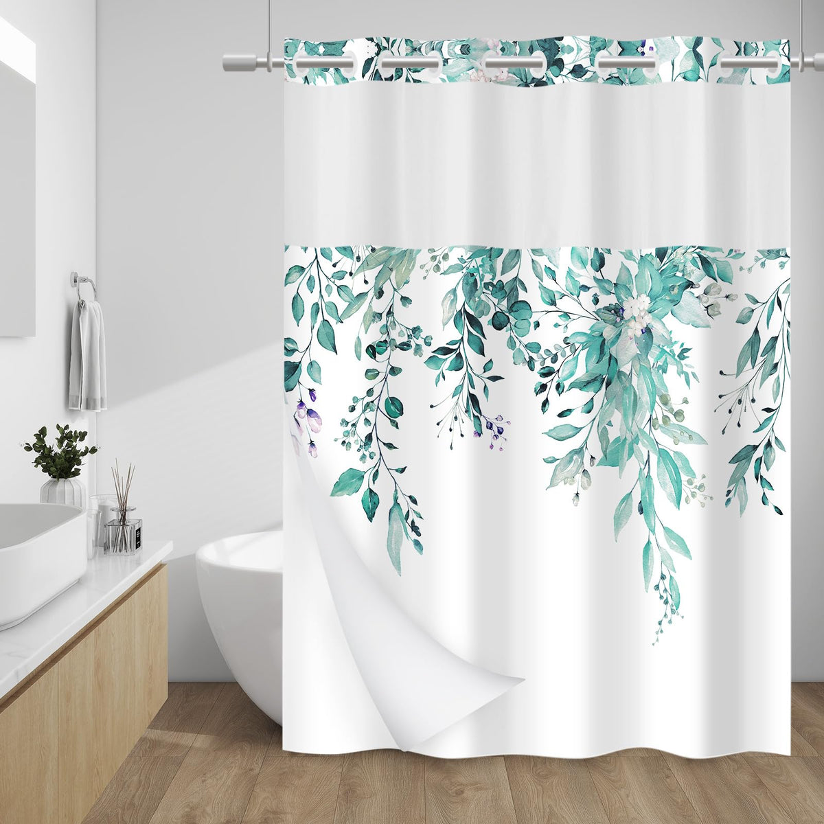 WITHLOC Hook Free Floral Shower Curtain with Liner, Blue Beige, 71x74