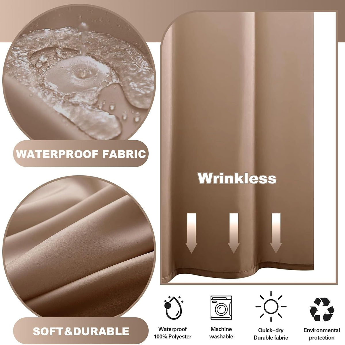 No Hook Shower Curtain and Liner Set, Ombre Brown, 71" x 74"