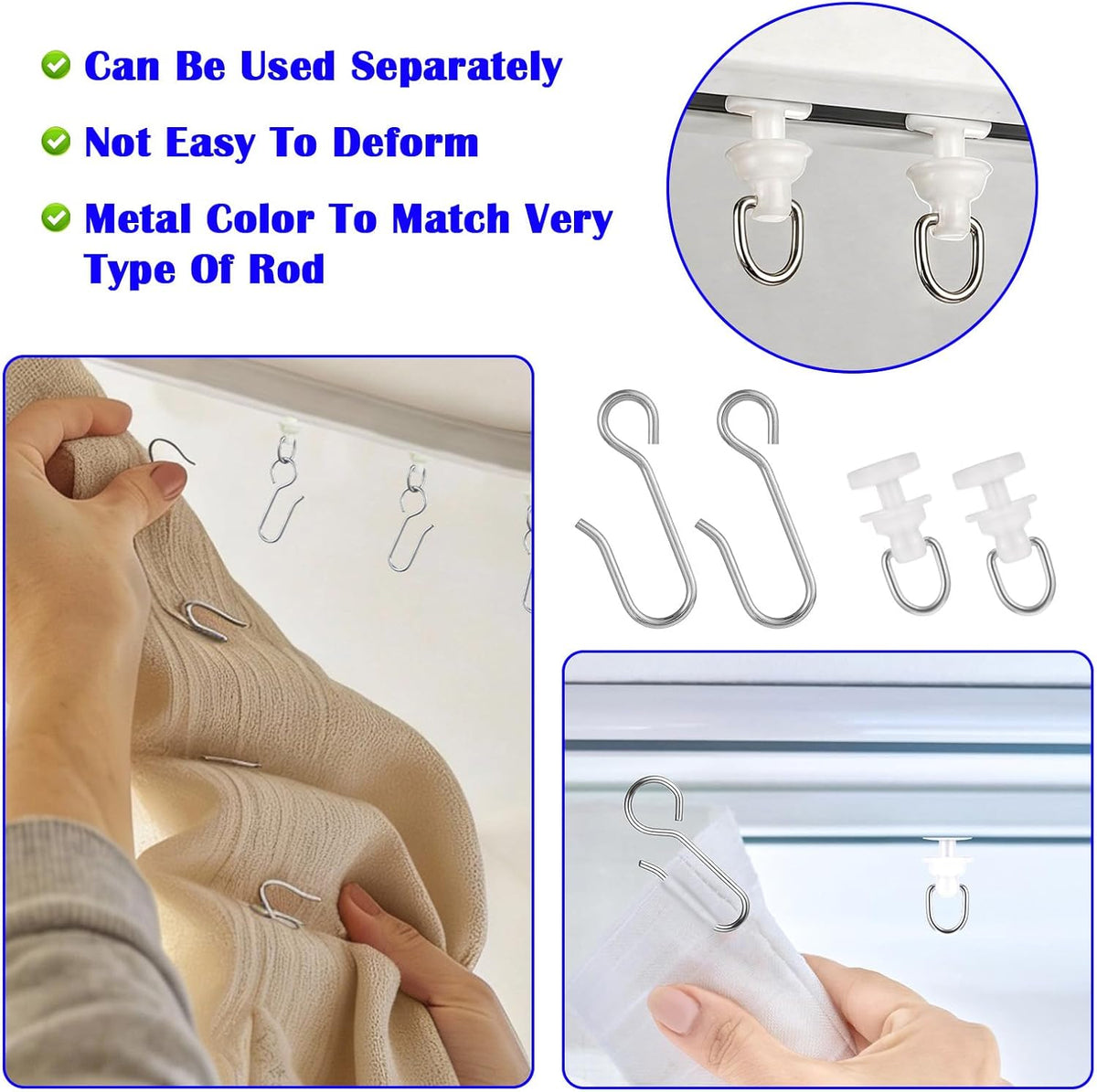 Nogeqi 100 Pcs Curtain Track Hooks & Gliders, Curtain Hooks, Stainless Steel Flexible S Shaped Drapery Hook and Plastic Rollers Set for Bathroom Camper Shower Curtains Dorm Window Rail