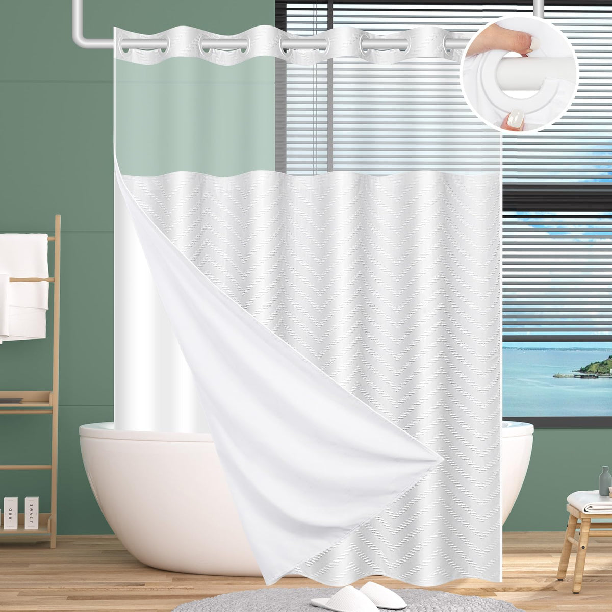 FADOTY Black No Hook Shower Curtain Set with Snap in Liner, 71'' x 74''