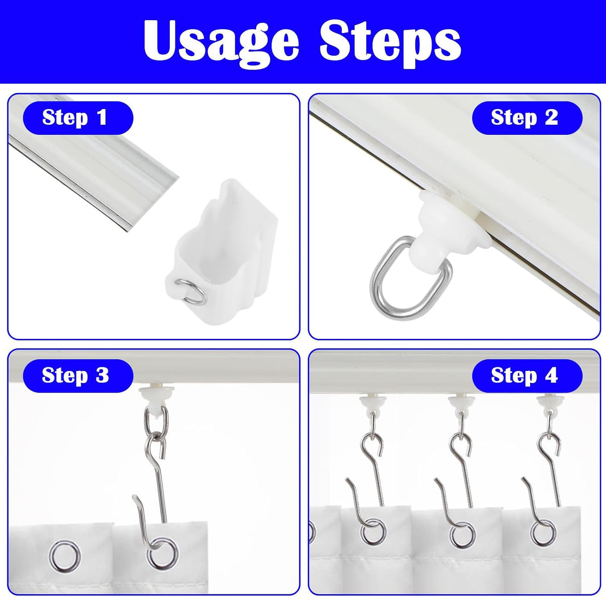 Nogeqi 100 Pcs Curtain Track Hooks & Gliders, Curtain Hooks, Stainless Steel Flexible S Shaped Drapery Hook and Plastic Rollers Set for Bathroom Camper Shower Curtains Dorm Window Rail