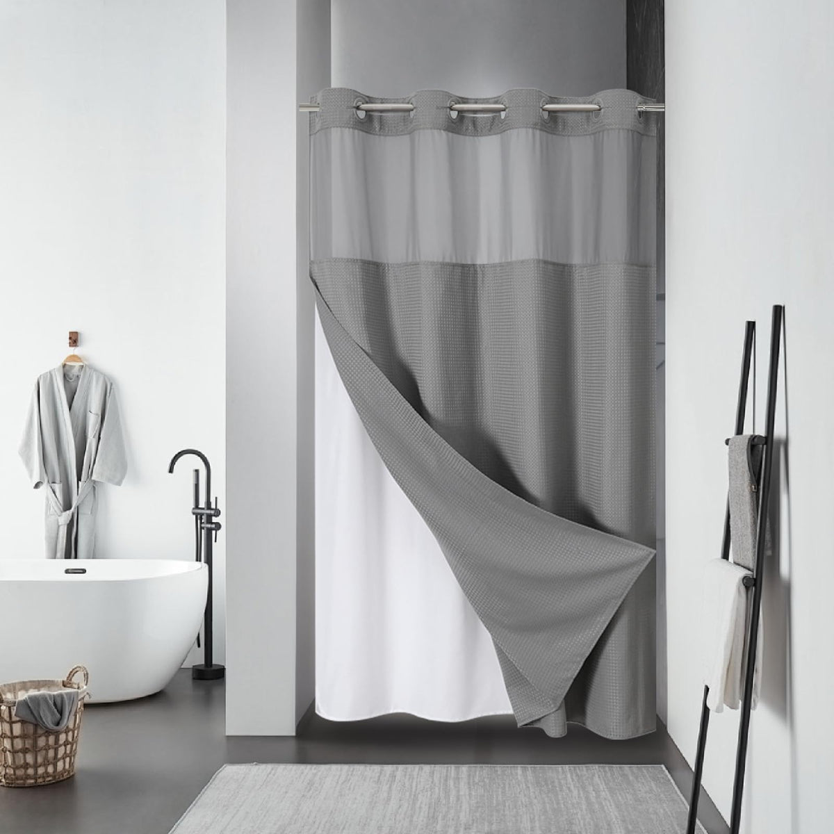 eachope No Hook Waffle Shower Curtain with Snap-in Liner, 71x74 Inch, Grey