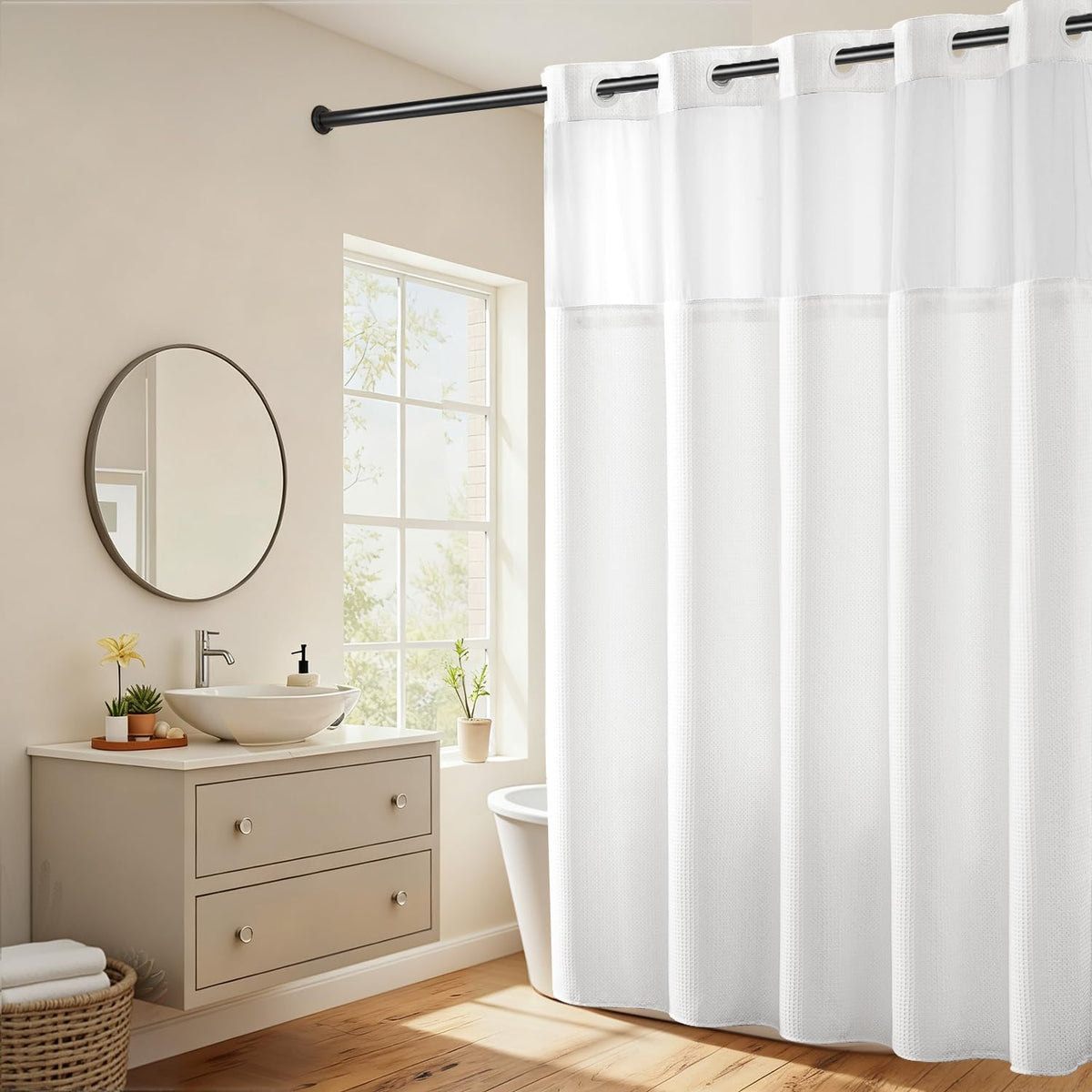 RiverDream Heavyweight Waffle No Hook Shower Curtain with Liner,White,71x74