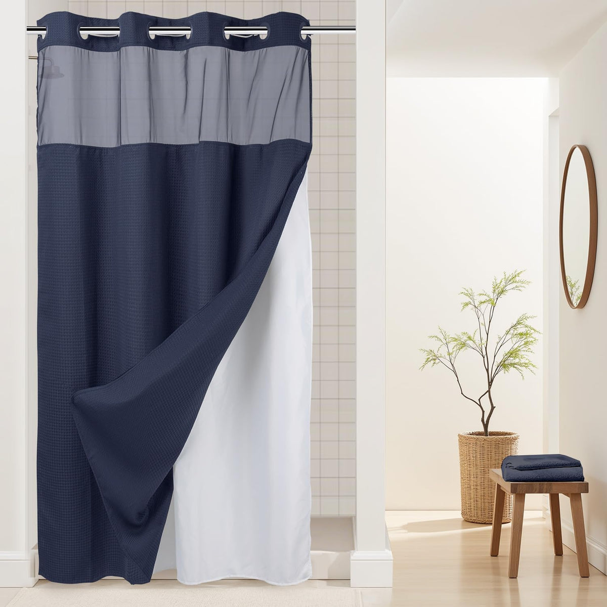 RiverDream Heavyweight Waffle No Hook Shower Curtain with Liner,White,71x74
