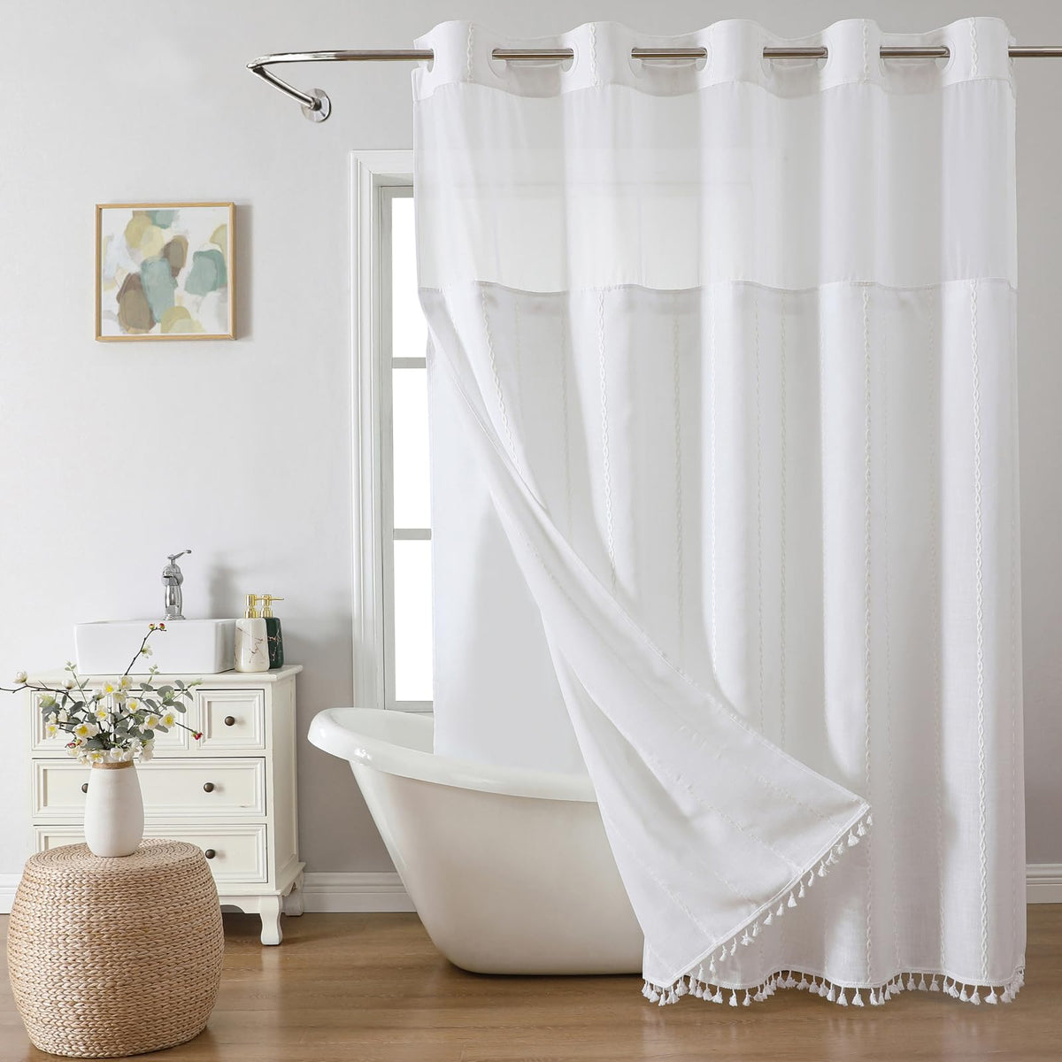 eachope Boho Farmhouse No Hook Shower Curtain Set with Snap-in Fabric Liner,Heavy-Duty Linen Textured Rustic Striped Design,Water-Repellent with Tassels and Sheer Window,Tan/Taupe,71x74