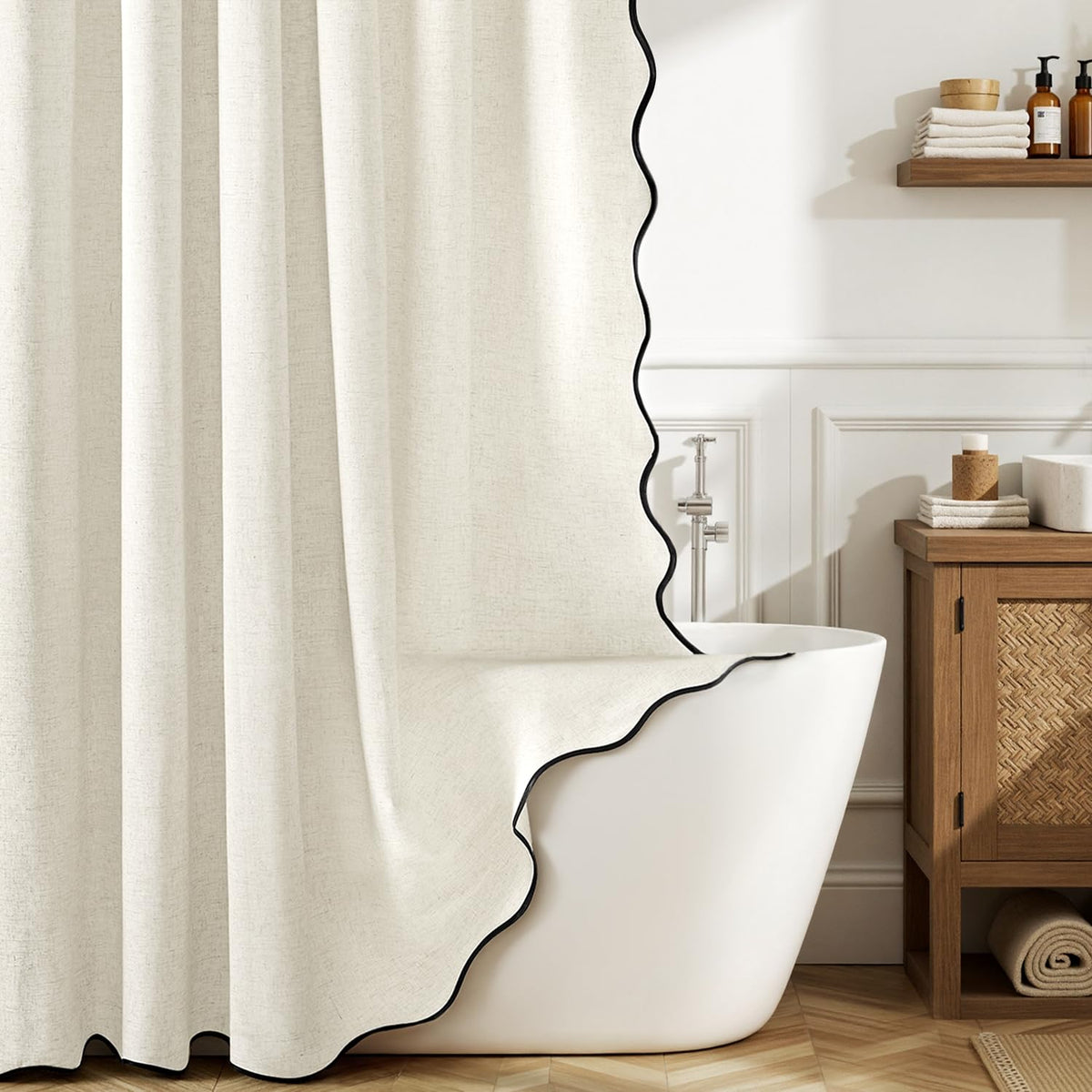 MIULEE Natural Scalloped Linen Shower Curtain 72W x 72L