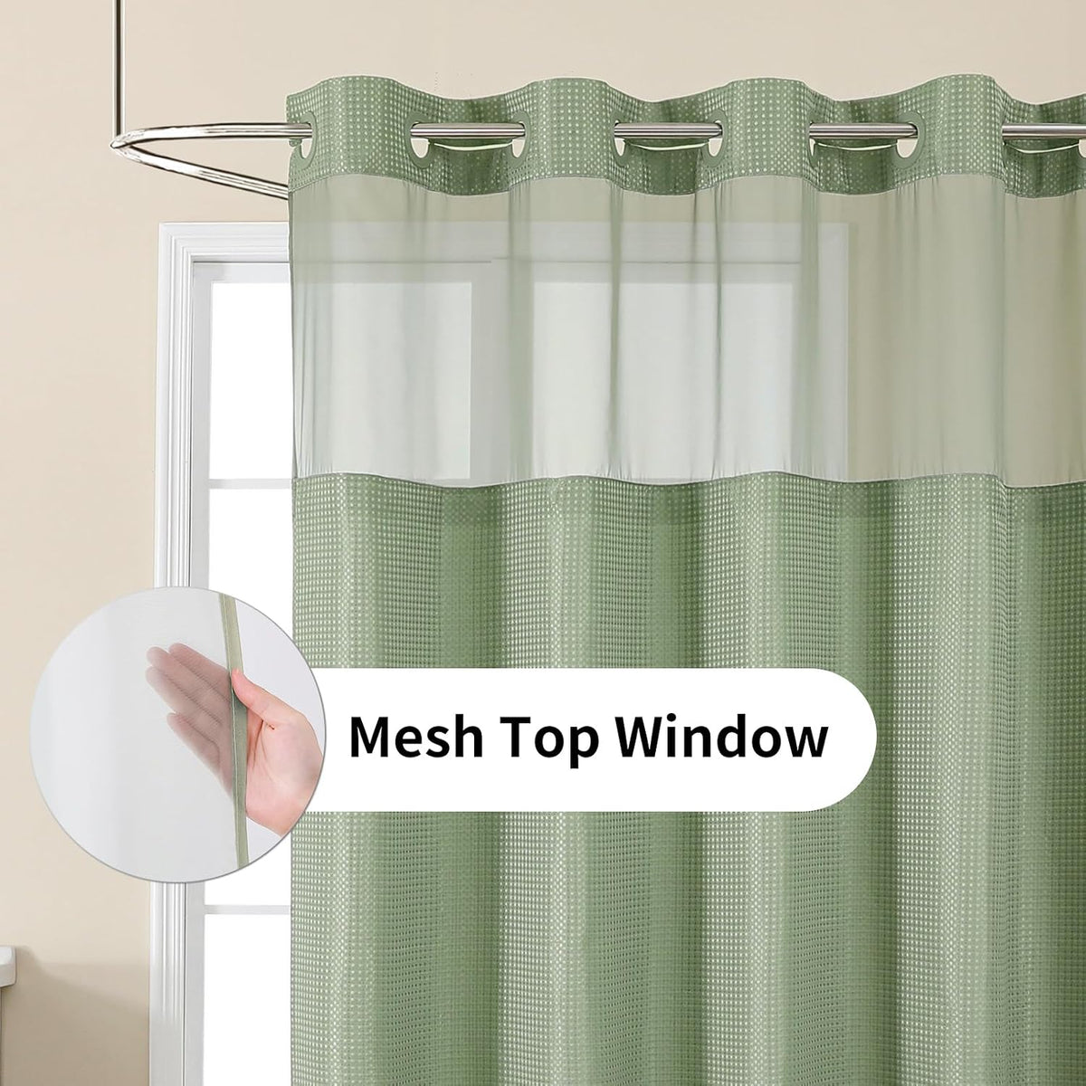 Colorful Star Sage Green No Hook Waffle Shower Curtain Set, 72 x 75 Inch