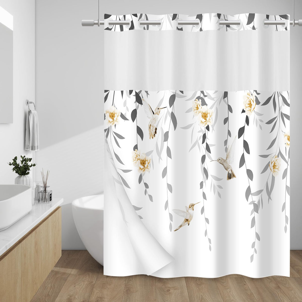 WITHLOC Hook Free Floral Shower Curtain with Liner, Blue Beige, 71x74