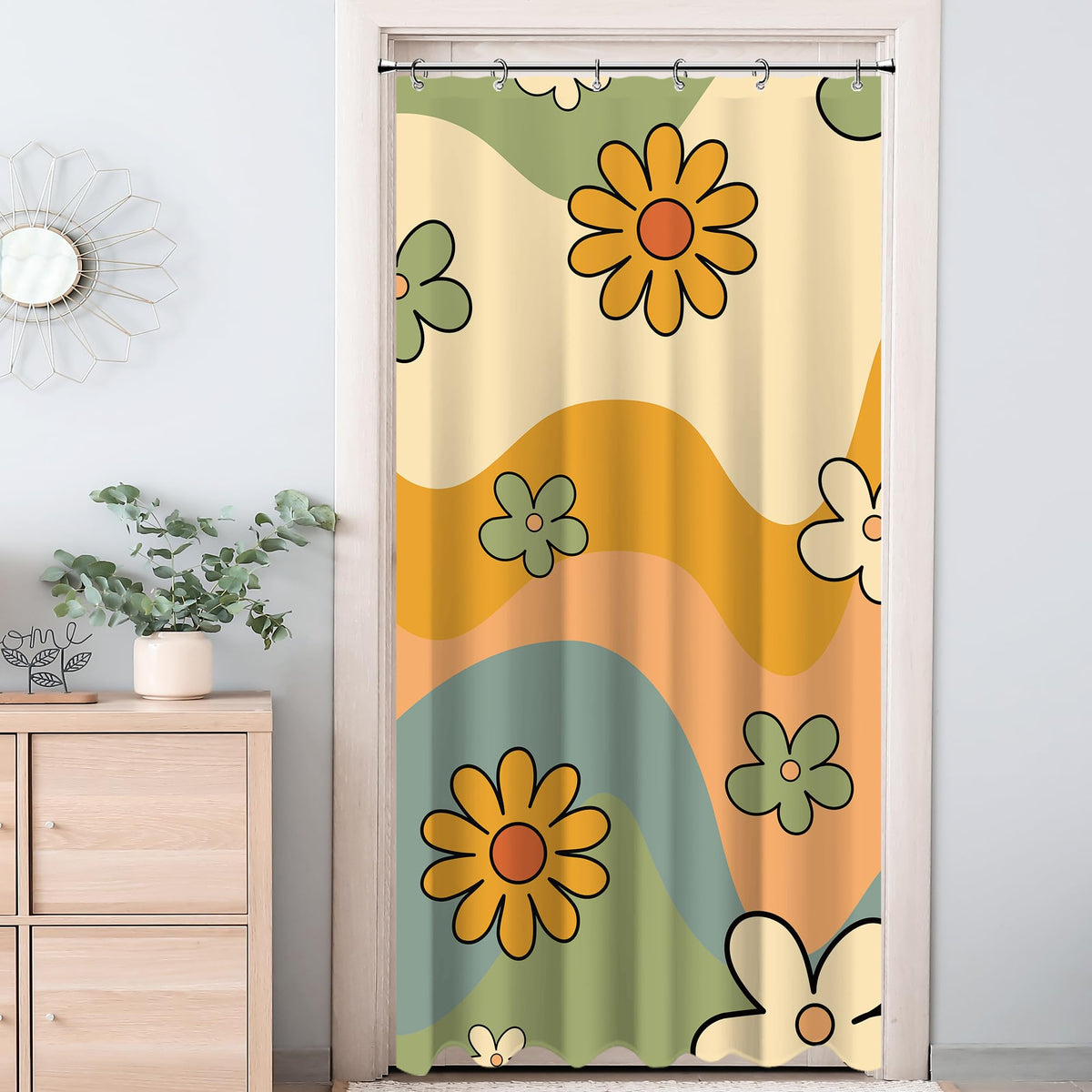 Black Cute Retro Floral Abstract 70s Aesthetic 72W*72H Inch Shower Curtain