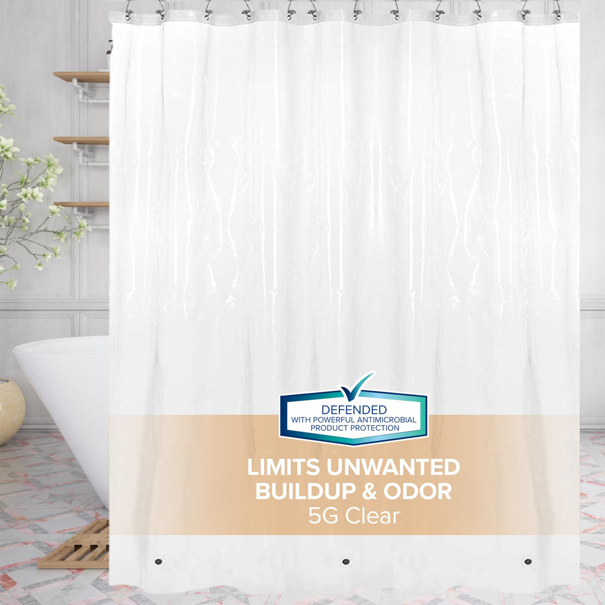 SlipX Solutions Protected Shower Curtain Liner, 3G Lightweight, 70"x72", White