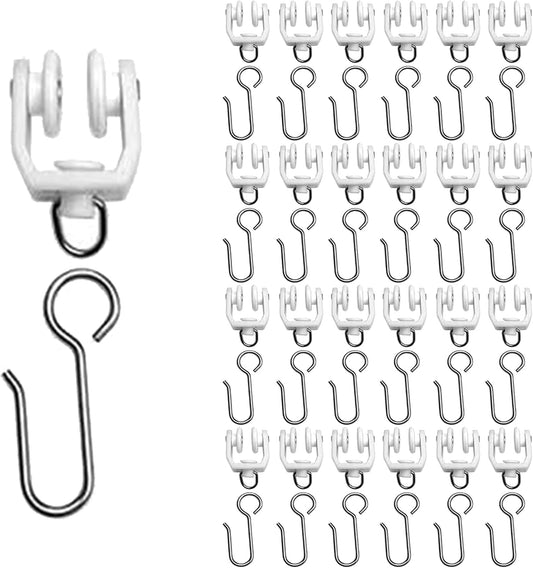 25 Pcs Curtain Track Rollers Heavy Duty Ceiling Mount Curtain Track Gliders Silent Sliding Rail Runner Hooks Stainless Steel Wheels for Room Divider Shower Drapery System (White)