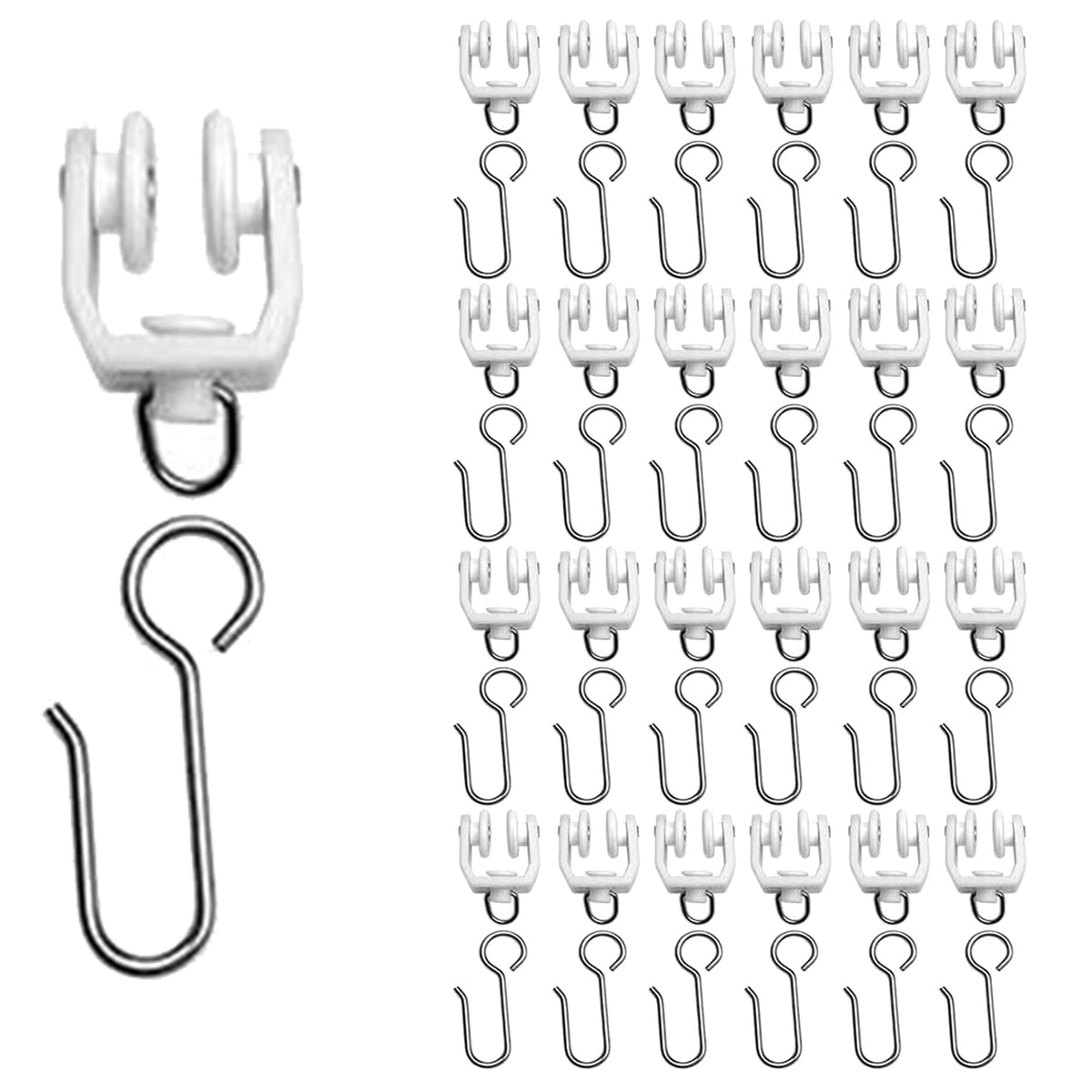 25 Pcs Curtain Track Rollers Heavy Duty Ceiling Mount Curtain Track Gliders Silent Sliding Rail Runner Hooks Stainless Steel Wheels for Room Divider Shower Drapery System (White)