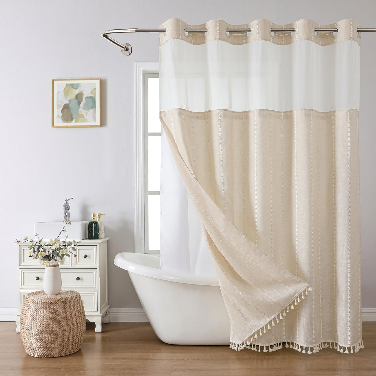 eachope Boho Farmhouse No Hook Shower Curtain Set with Snap-in Fabric Liner,Heavy-Duty Linen Textured Rustic Striped Design,Water-Repellent with Tassels and Sheer Window,Tan/Taupe,71x74