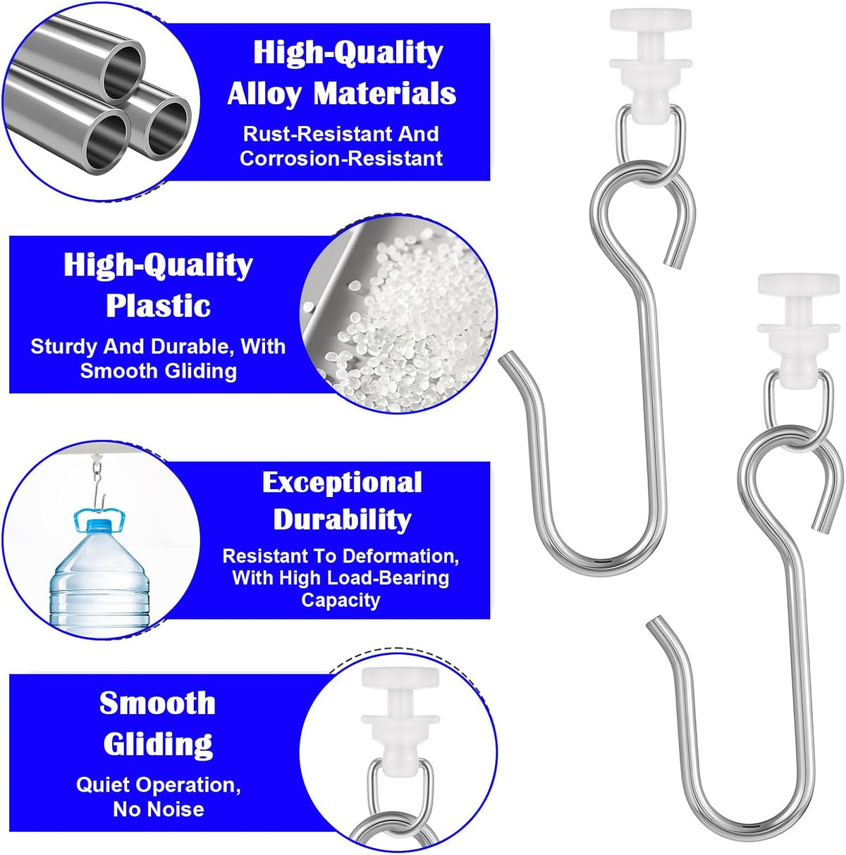 Nogeqi 100 Pcs Curtain Track Hooks & Gliders, Curtain Hooks, Stainless Steel Flexible S Shaped Drapery Hook and Plastic Rollers Set for Bathroom Camper Shower Curtains Dorm Window Rail