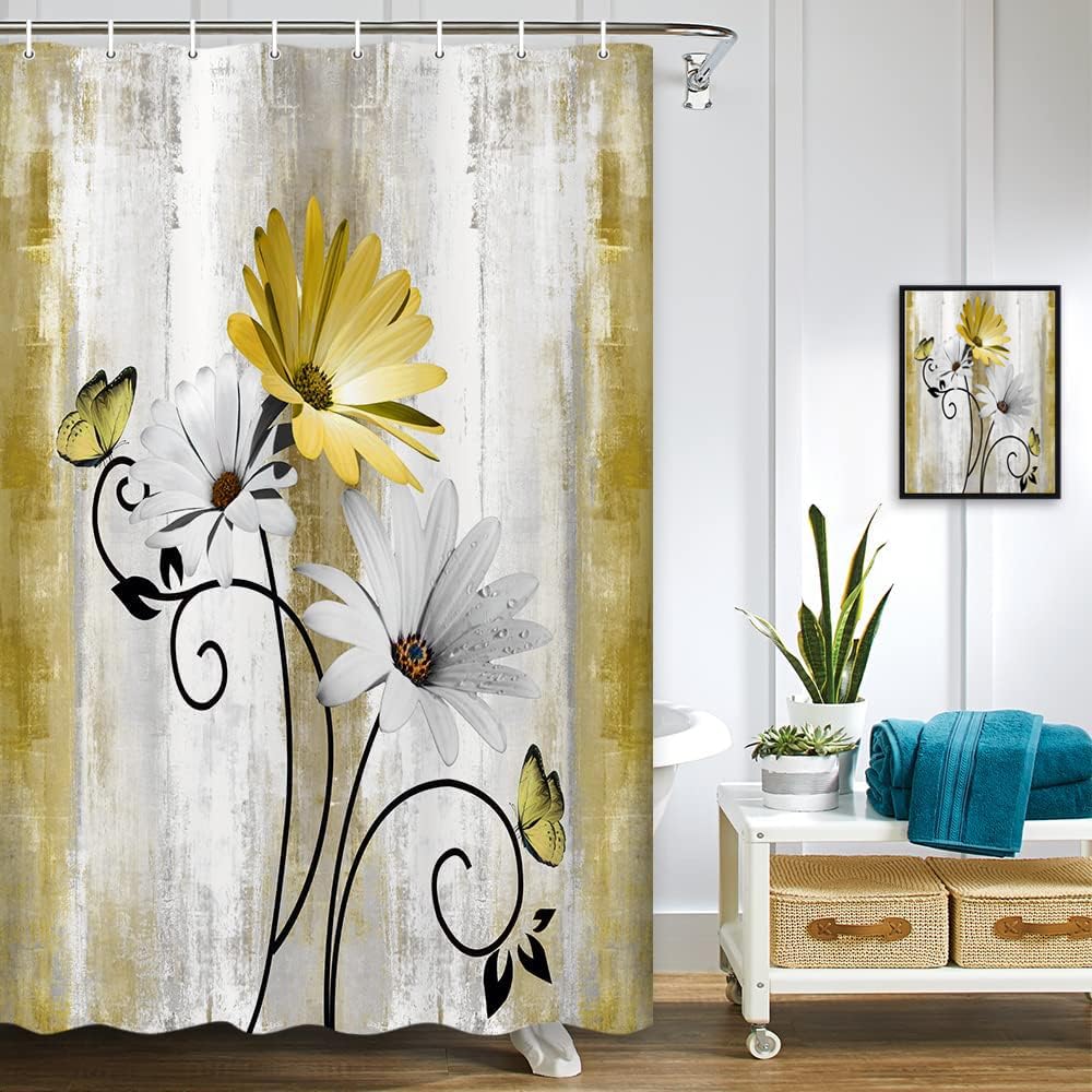Rustic Farmhouse Shower Curtain, Farm Tan Cream Daisy Floral Flowers and Butterfly on Country Wooden Shower Curtains for Bathroom, Beige Brown Home Decor with 12PCS Hooks, 70X70IN