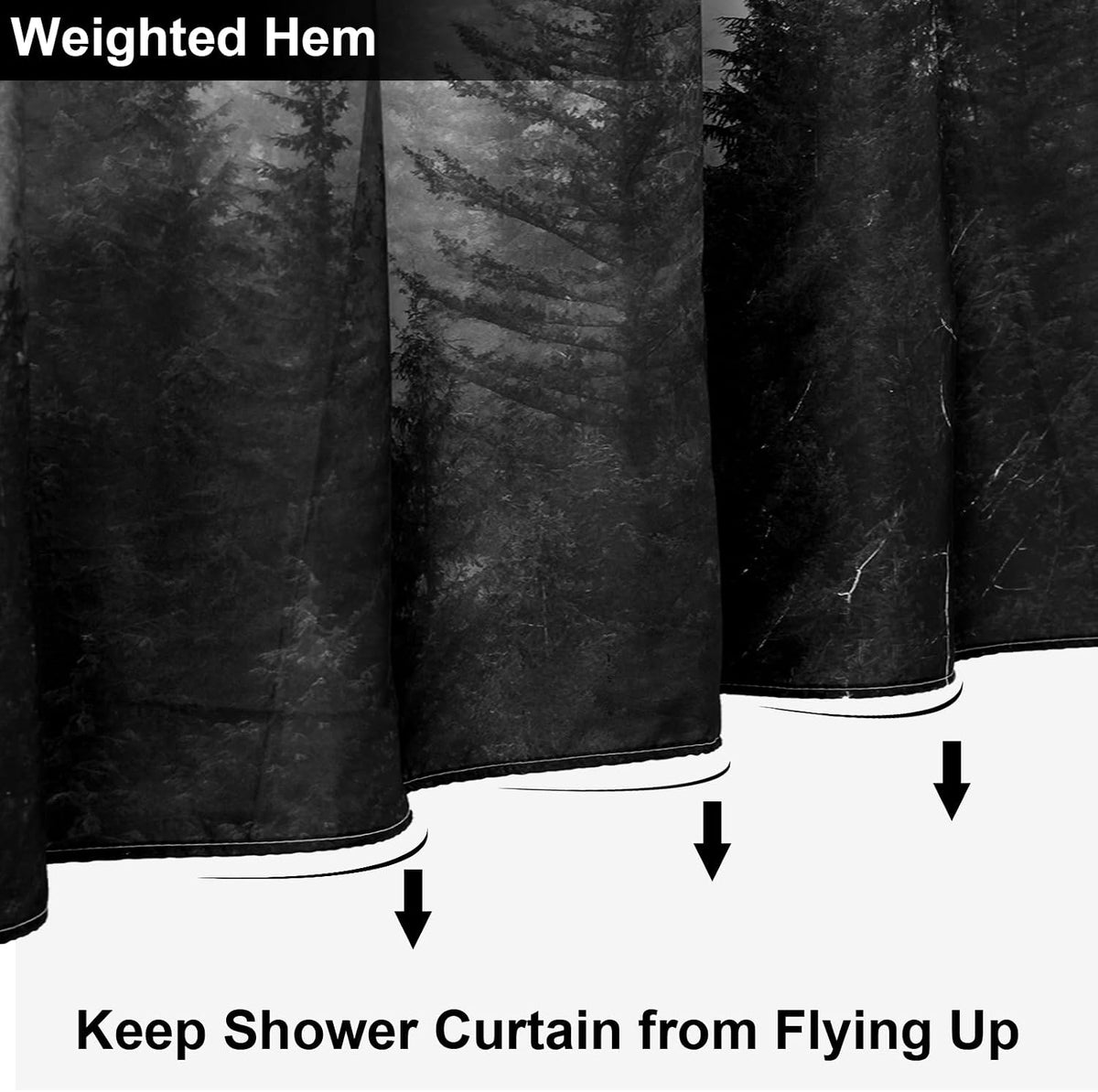 ORTIGIA Black and White Misty Forest Shower Curtain for Bathroom, Nature Woodland Curtain Set with Hooks, Decorative Pine Tree Fog Magic Bath Decor for Home Weighted, 72x72