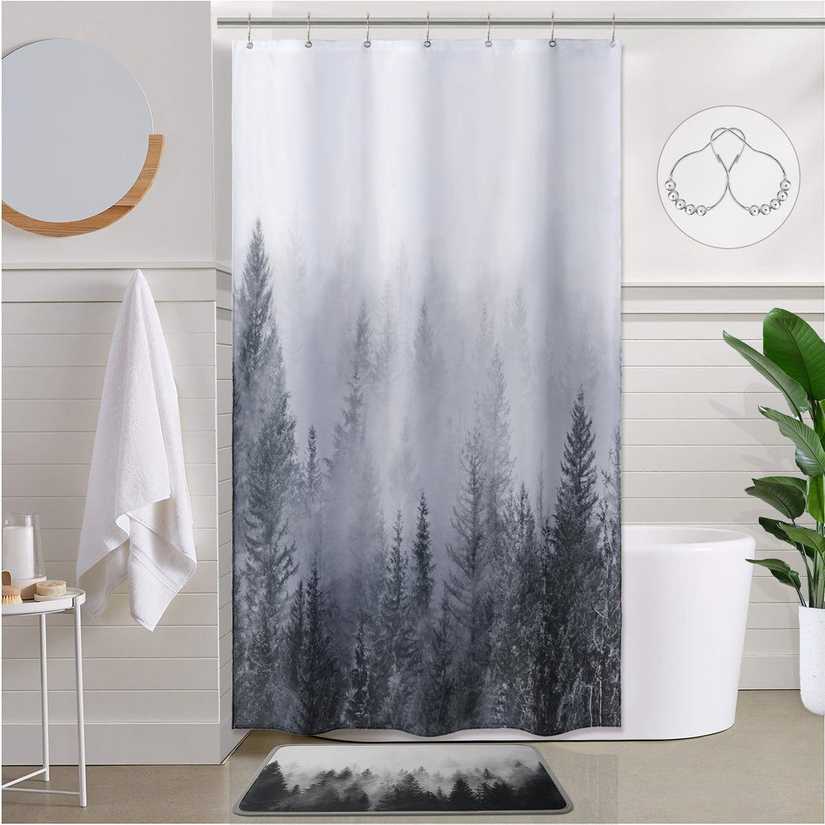 ORTIGIA Black and White Misty Forest Shower Curtain for Bathroom, Nature Woodland Curtain Set with Hooks, Decorative Pine Tree Fog Magic Bath Decor for Home Weighted, 72x72