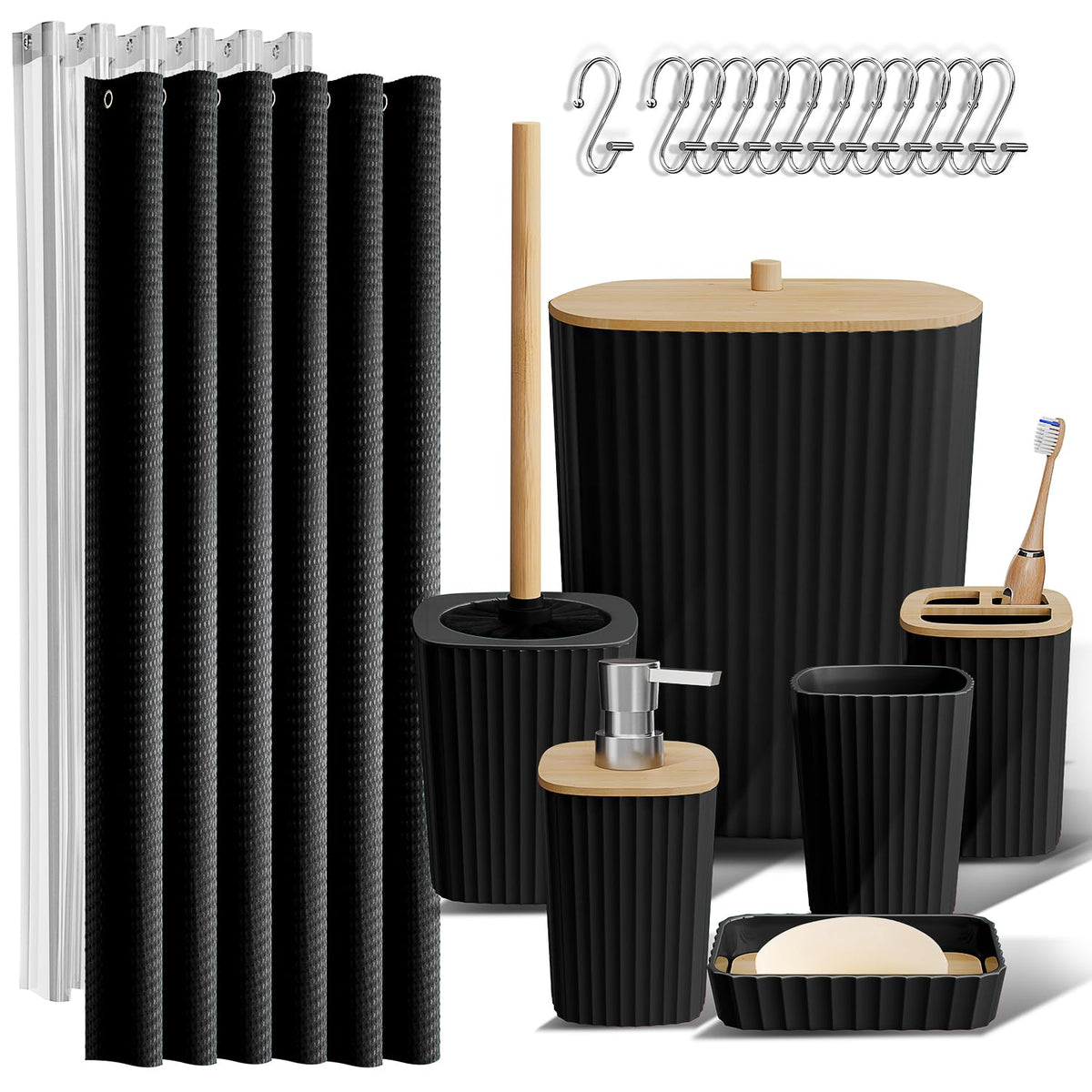 Clara Clark Black Bathroom Set, Shower Curtain Set, Bathroom Accessory Set
