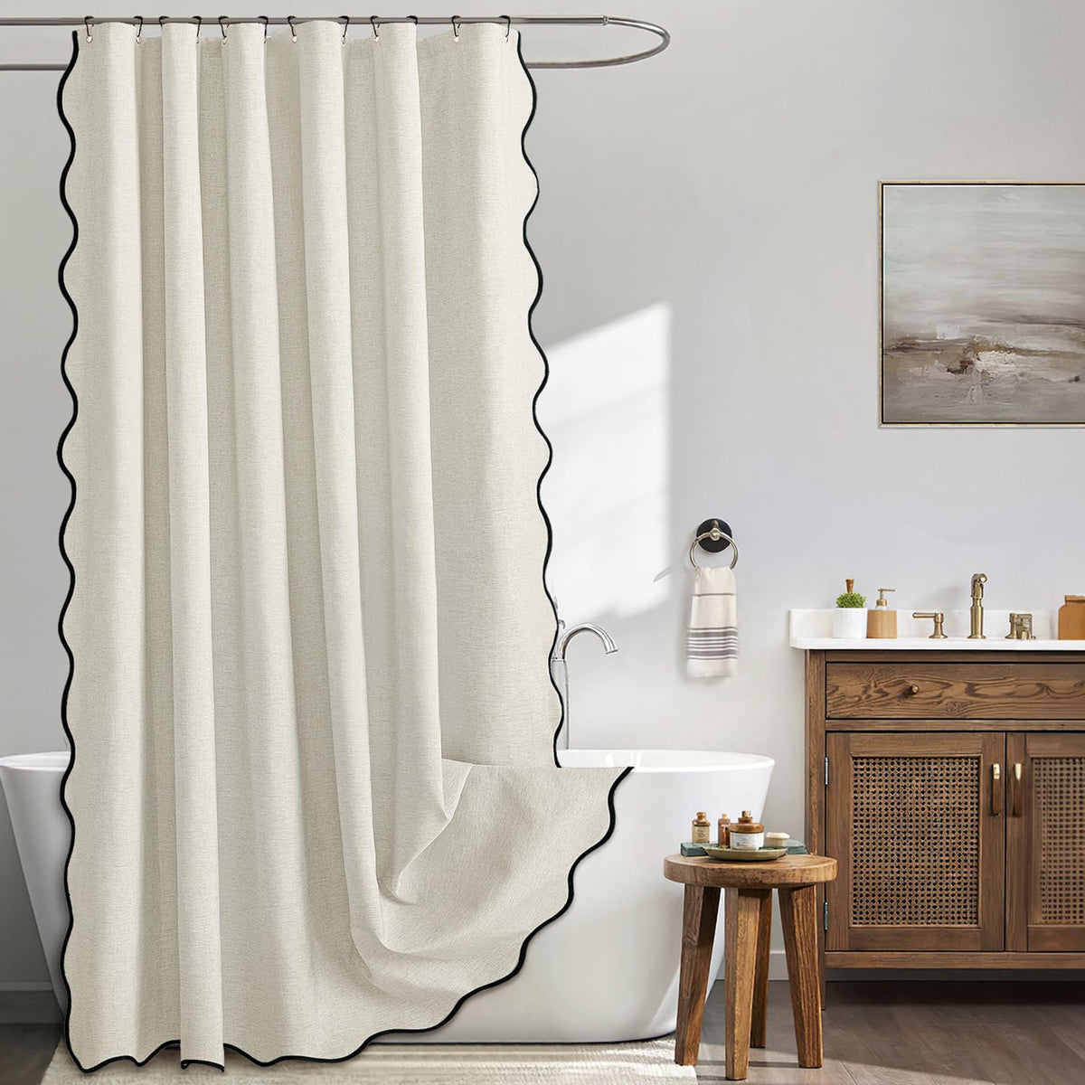 MIULEE Beige Scalloped Shower Curtain Linen Textured with 12 Metal Hooks Cute Heavy Duty Washable Waterproof Neutral Thick Cloth Shower Curtains with Black Border for Bathroom Bathtub,W72*L72 Cream