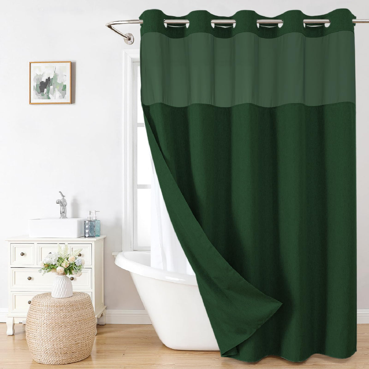Eachope No Hooks Polyester Textured Shower Curtain with Snap-in Fabric Liner Set, Hotel Luxury Decor Shower Curtains for Bathroom with See Through Top Window, Waterproof & Washable, 71Wx74H, Cream
