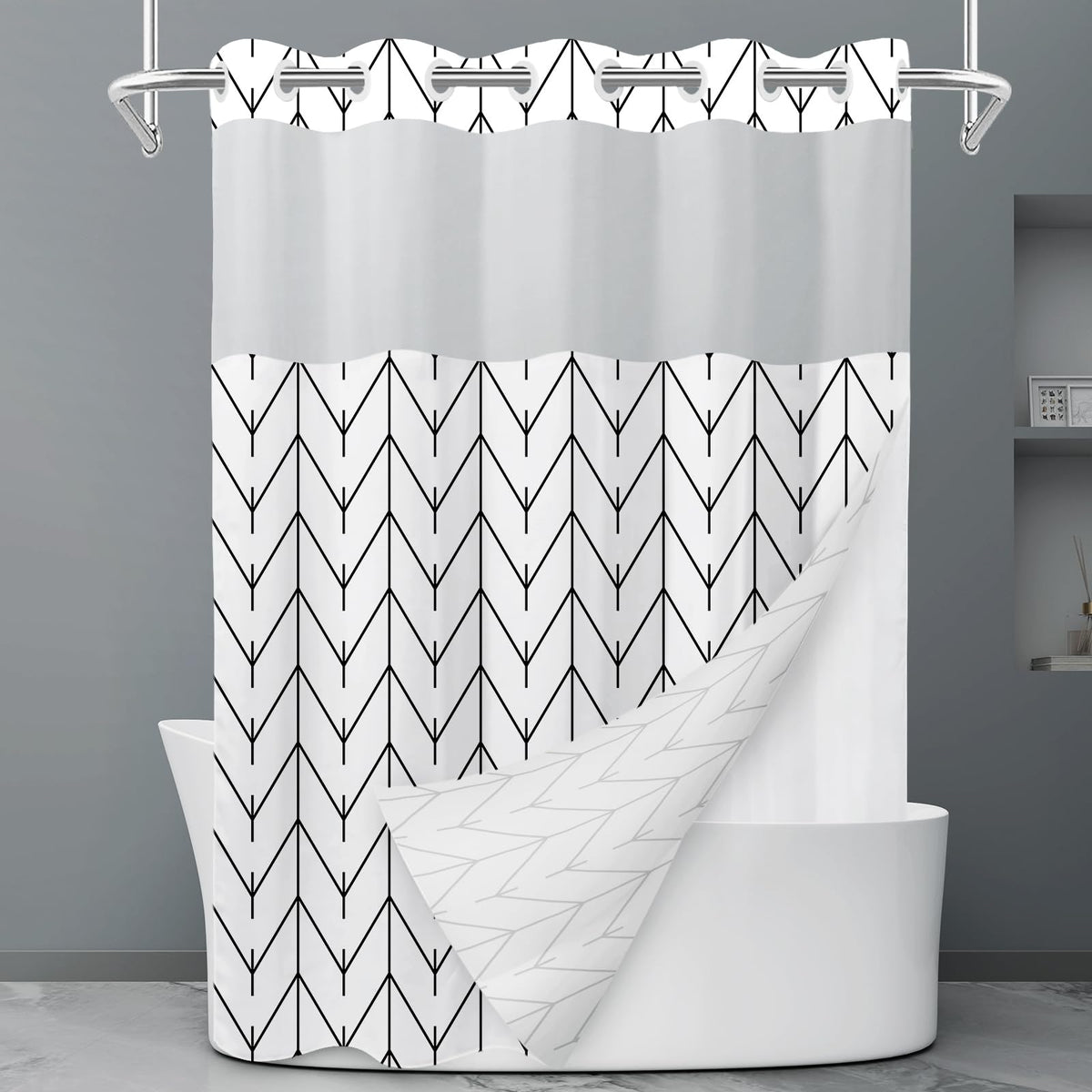 LXBNI Ringless Shower Curtain with Snap-in Liner, Gray White, 71 x 74 Inch