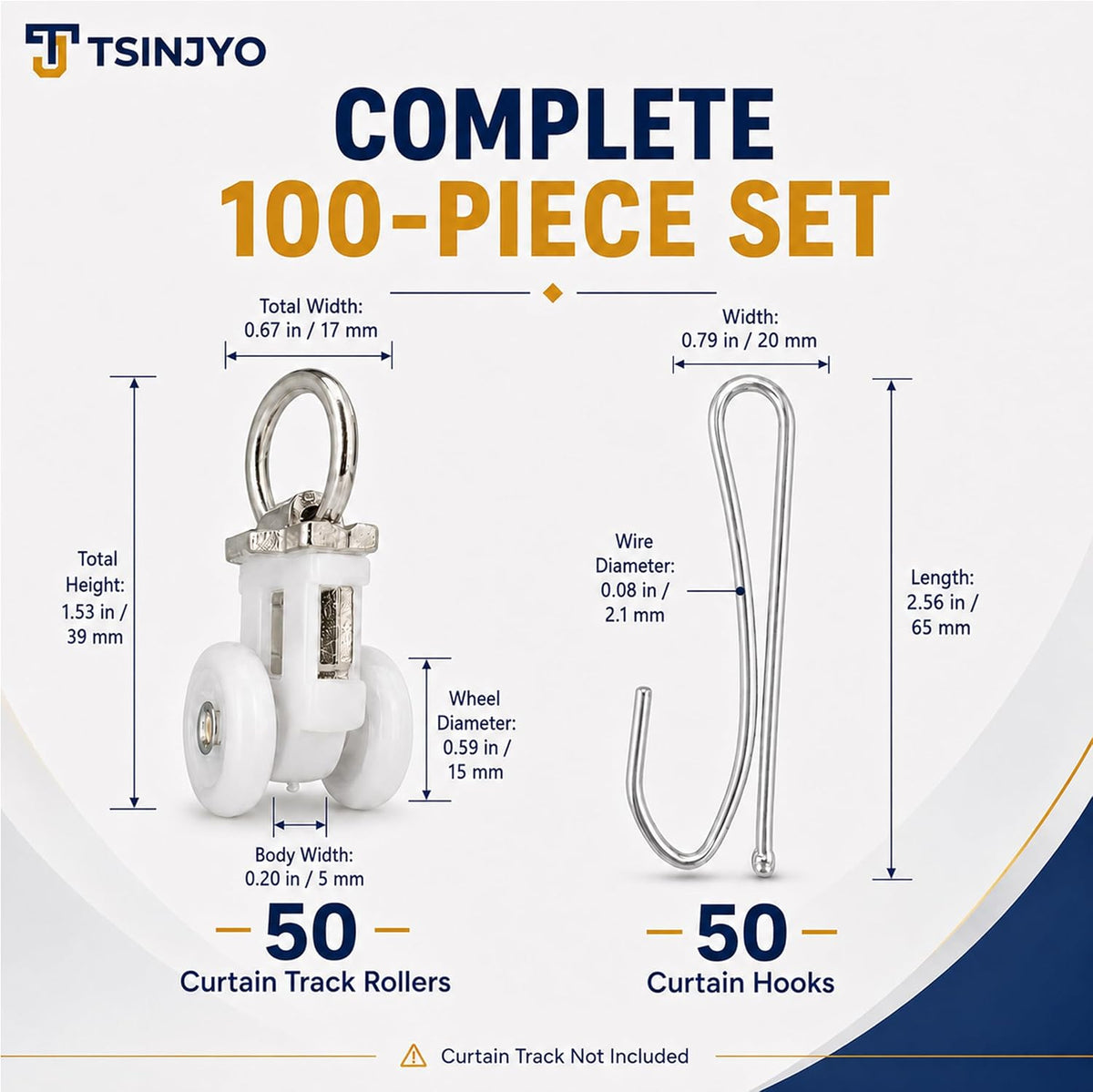100 Pcs Curtain Track Roller and Hooks, Dual Wheel Roller Carrier Ceiling Mount Gliders, Stainless Steel Drapery Hooks for Ceiling Mounted Shower Curtains, Drapes, Room Dividers, RV, Closet