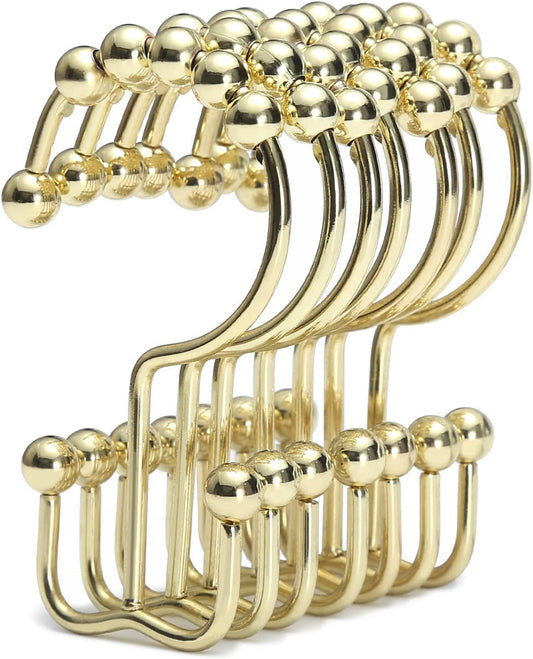Goowin Shower Curtain Hooks Rings, Stainless Steel Gold Shower Curtain Hooks Rust Proof, Free Sliding Double Shower Hooks for Shower Curtains & Liners (Gold)