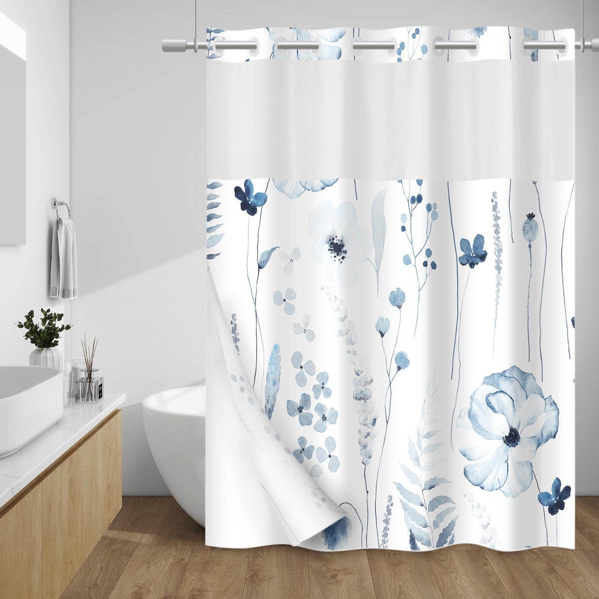 WITHLOC Hook Free Floral Shower Curtain with Liner, Blue Beige, 71x74