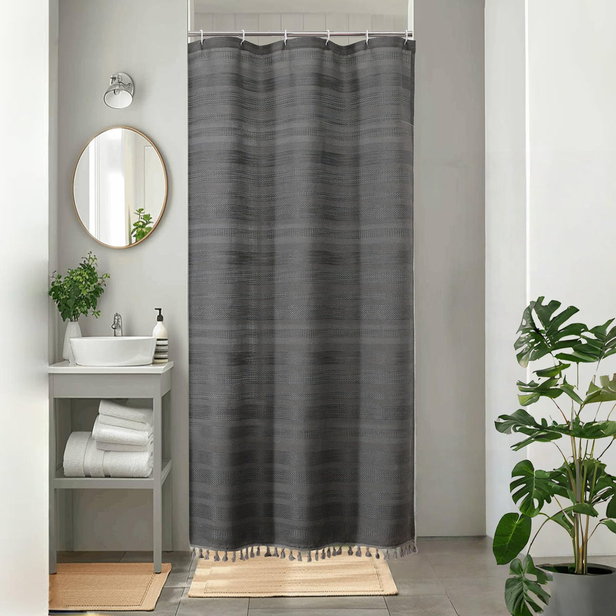 OVZME Natural Linen Shower Curtain for Bathroom, Boho Farmhouse Rustic Striped Shower Curtain with Tassel, Textured Heavy Duty Vintage Country Bathroom Curtain, 72Wx72L Inches