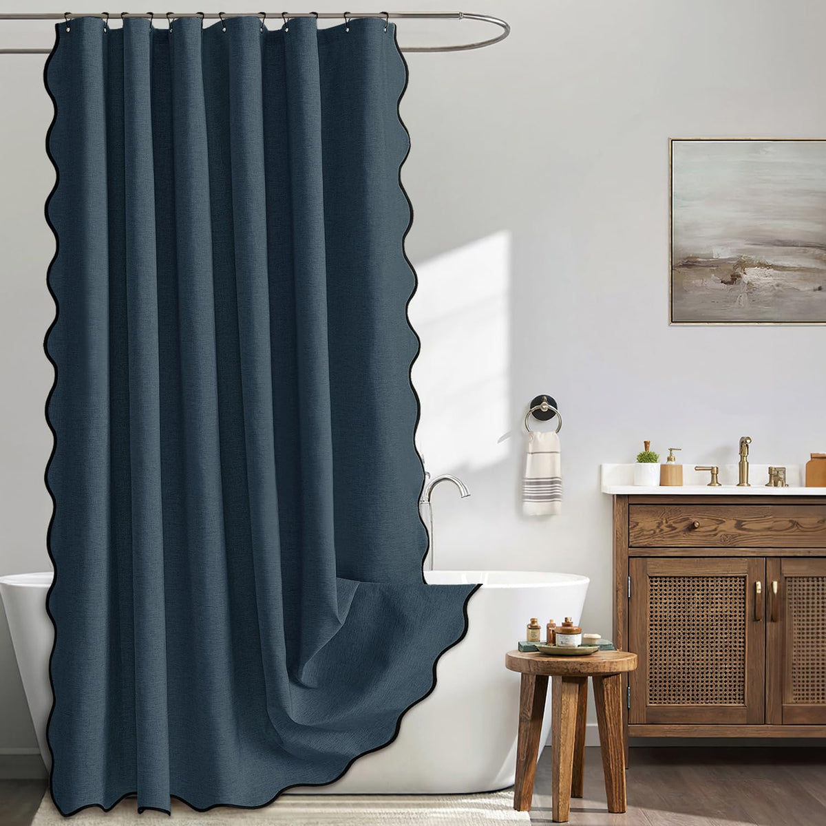MIULEE Beige Scalloped Shower Curtain Linen Textured with 12 Metal Hooks Cute Heavy Duty Washable Waterproof Neutral Thick Cloth Shower Curtains with Black Border for Bathroom Bathtub,W72*L72 Cream