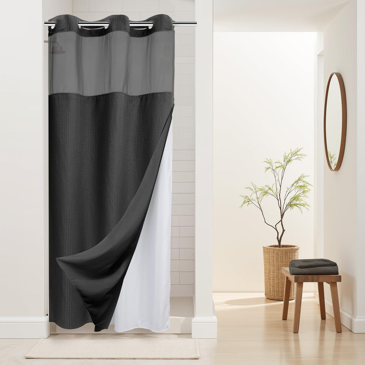 RiverDream Heavyweight Waffle No Hook Shower Curtain with Liner,White,71x74