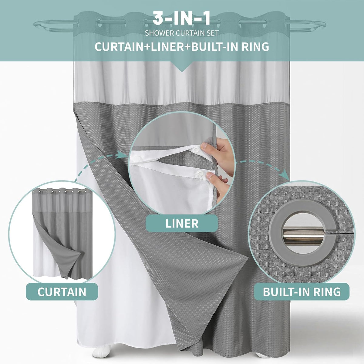 eachope No Hook Waffle Shower Curtain with Snap-in Liner, 71x74 Inch, Grey
