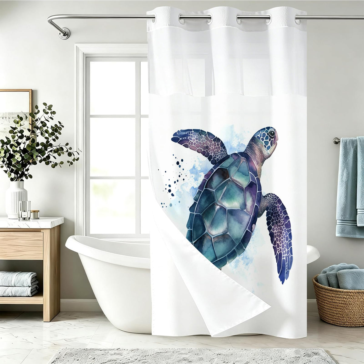 Nautical Green Sea Turtles Beach Theme Fabric Shower Curtain Sets Bathroom Blue Ocean Decor with Grommets and Hooks - 72 x 72 Inch Teal