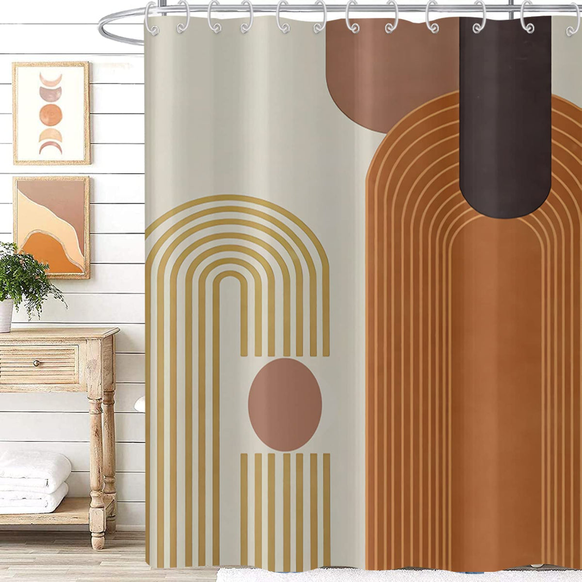 Boho Mid Century Shower Curtain, Modern Abstract with Hooks 72x72