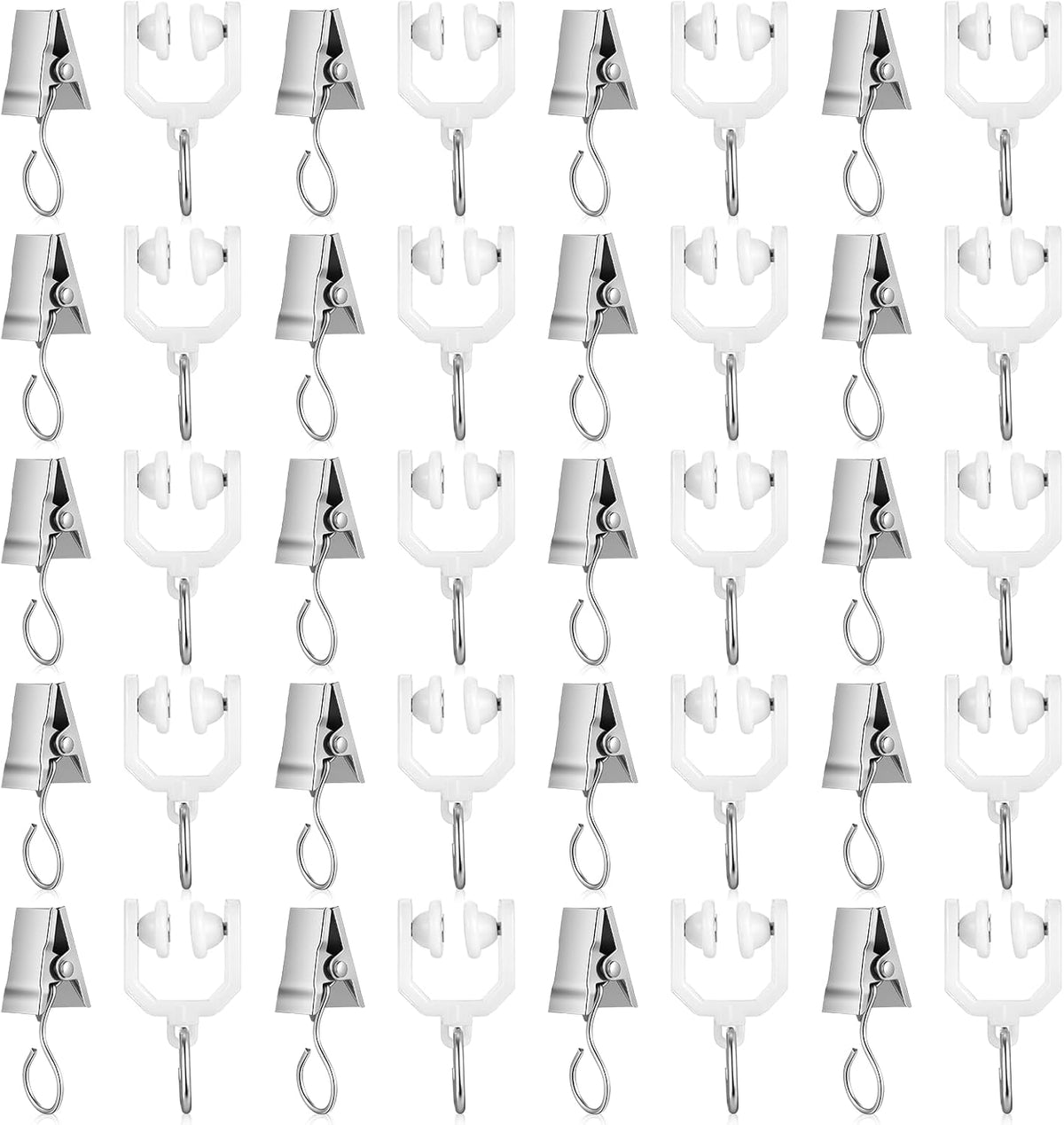 Curtain Track Rollers & Curtain Clips Set, Bulk Ceiling Curtain Track Hooks, Flexible Bendable Clips, Plastic Drapery Rail Gliders and Stainless Steel Hooks for Shower Window, 40Pcs