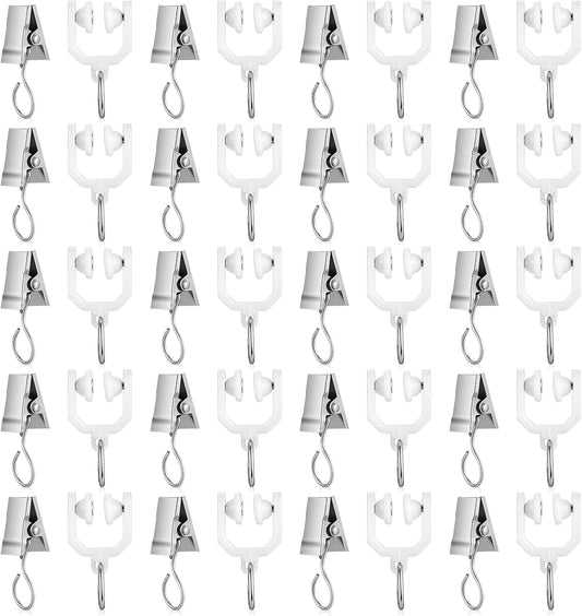 Curtain Track Rollers & Curtain Clips Set, Bulk Ceiling Curtain Track Hooks, Flexible Bendable Clips, Plastic Drapery Rail Gliders and Stainless Steel Hooks for Shower Window, 40Pcs