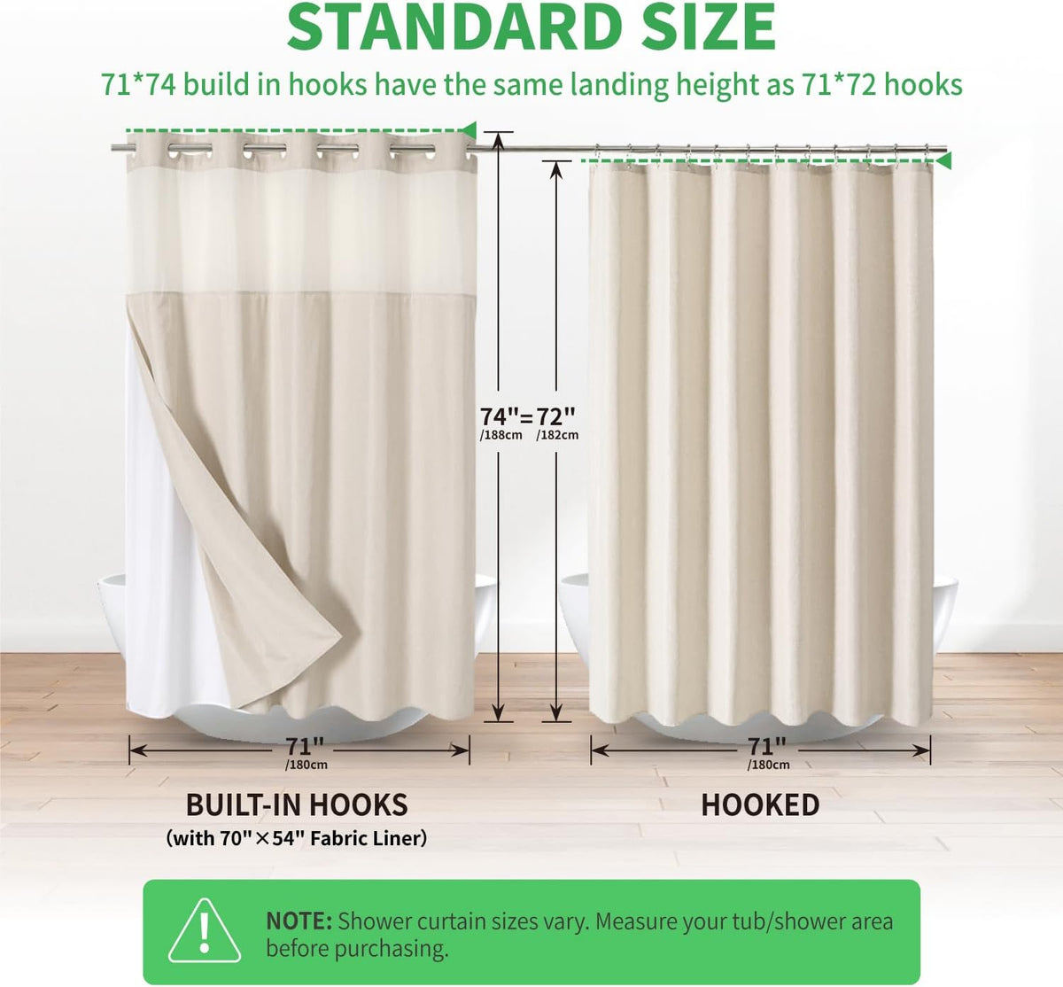 Eachope No Hooks Polyester Textured Shower Curtain with Snap-in Fabric Liner Set, Hotel Luxury Decor Shower Curtains for Bathroom with See Through Top Window, Waterproof & Washable, 71Wx74H, Cream