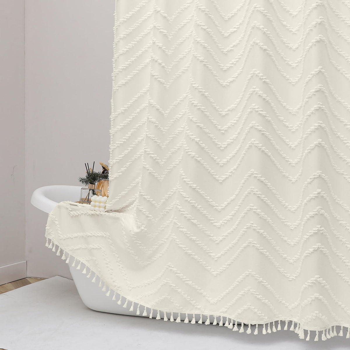 OWENIE Boho Shower Curtain, White Fabric Cloth Shower Curtains Farmhouse Tufted Chevron Striped Textured with Tassel for Bathroom, Soft Hotel Style Modern Minimalist, Machine Washable, 72x72, White