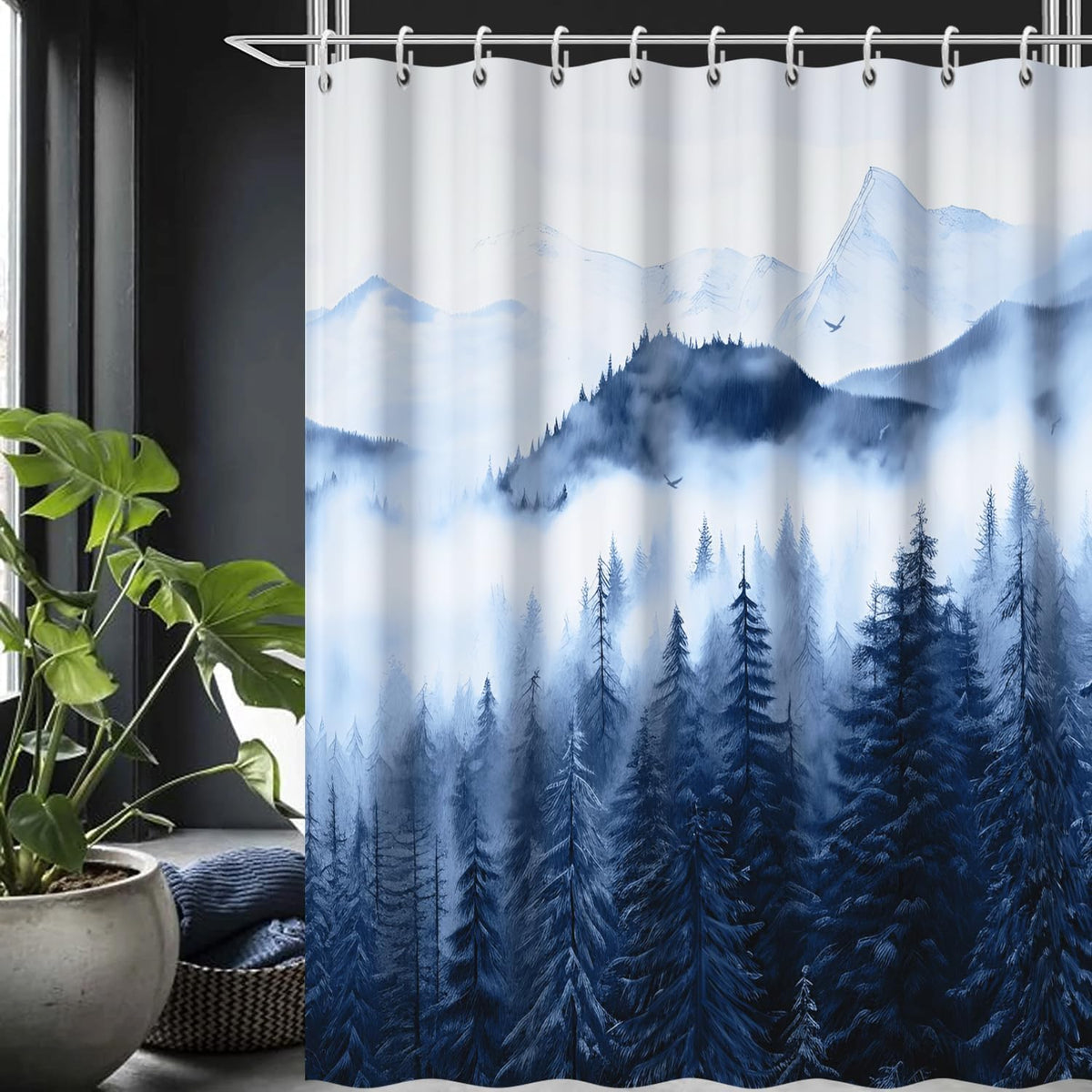 Navy Blue Forest Shower Curtain for Bathroom 72x72 Inch