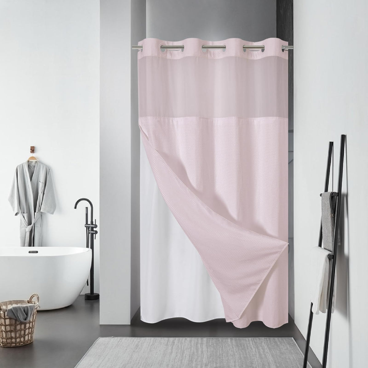 eachope No Hook Waffle Shower Curtain with Snap-in Liner, 71x74 Inch, Grey