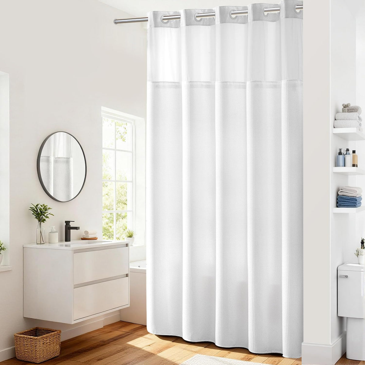 RiverDream Heavyweight Waffle No Hook Shower Curtain with Liner,White,71x74