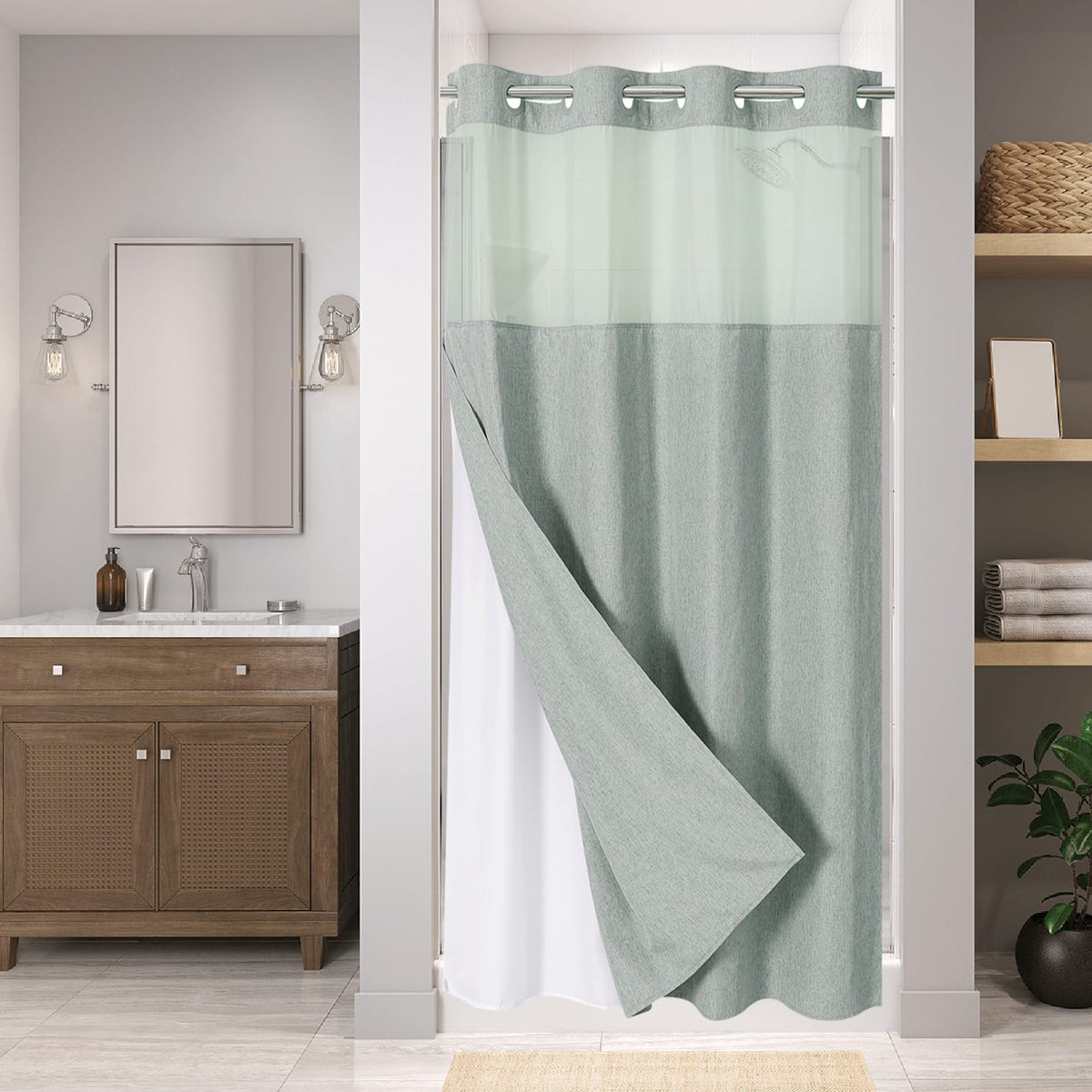 Eachope No Hooks Polyester Textured Shower Curtain with Snap-in Fabric Liner Set, Hotel Luxury Decor Shower Curtains for Bathroom with See Through Top Window, Waterproof & Washable, 71Wx74H, Cream