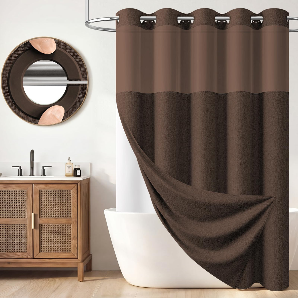 BTTN Cream Ringless Linen Textured Shower Curtain with Snap in Liner, 72x75