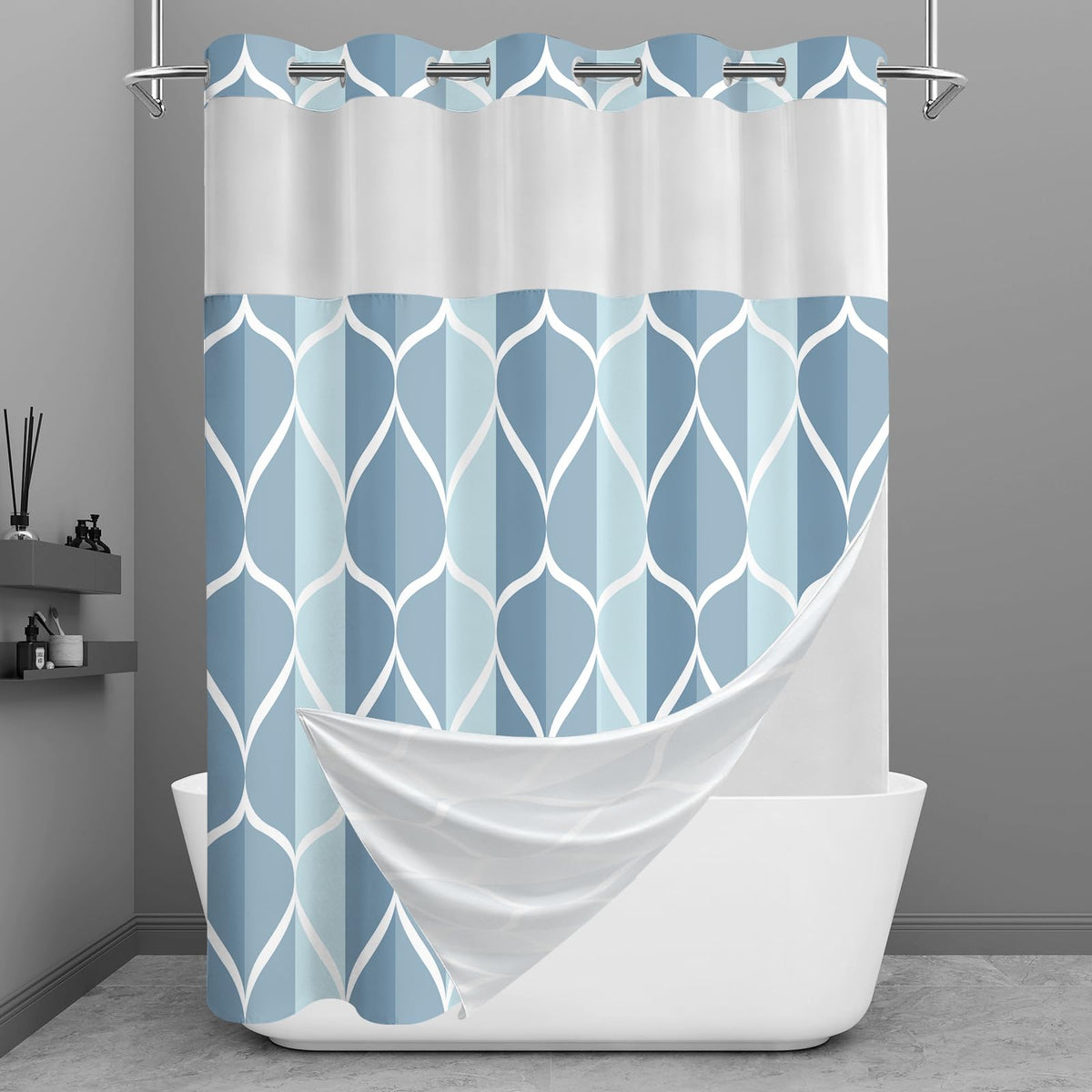 Yiatn Gray Ringless Shower Curtain with Snap-in Liner, 71 x 74 Inch