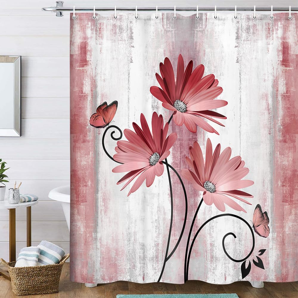 Rustic Farmhouse Shower Curtain, Farm Tan Cream Daisy Floral Flowers and Butterfly on Country Wooden Shower Curtains for Bathroom, Beige Brown Home Decor with 12PCS Hooks, 70X70IN