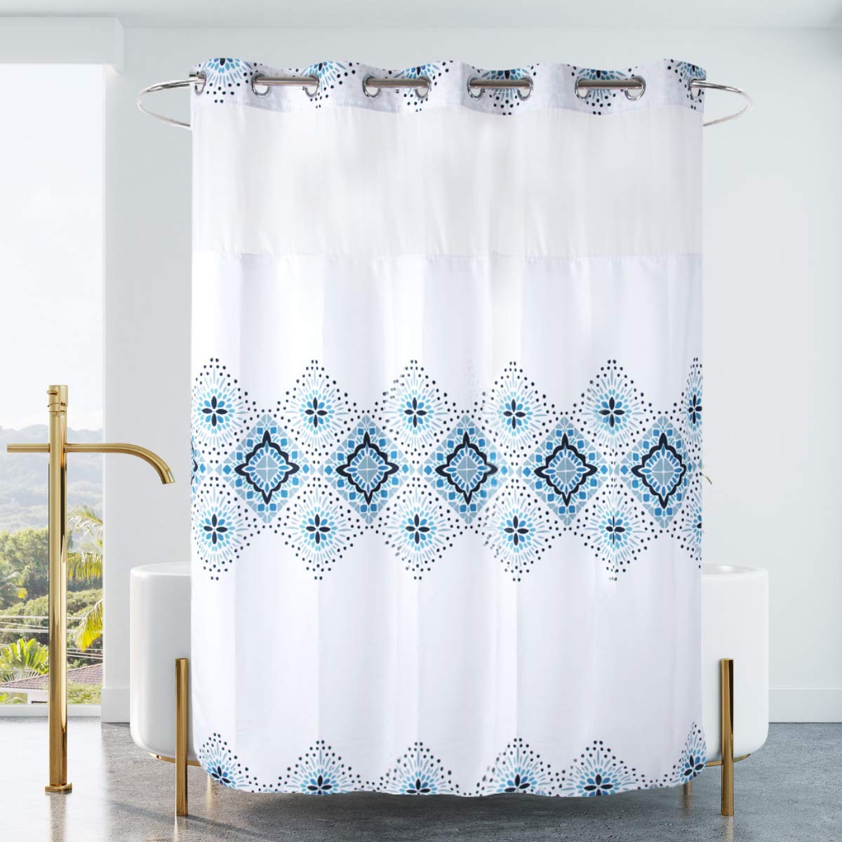 71“W x74”H Heavy Fabric Hook Free Shower Curtain with Polyester Magnet Snap-in Liner–Top See Through with Mesh Window Light Beige