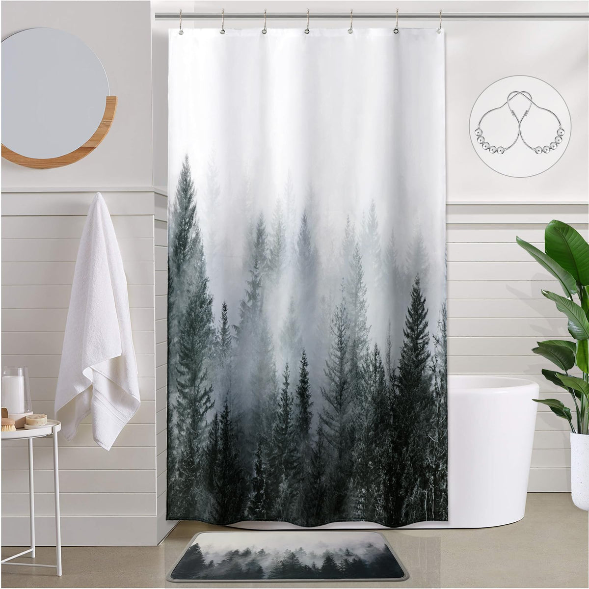 ORTIGIA Black and White Misty Forest Shower Curtain for Bathroom, Nature Woodland Curtain Set with Hooks, Decorative Pine Tree Fog Magic Bath Decor for Home Weighted, 72x72